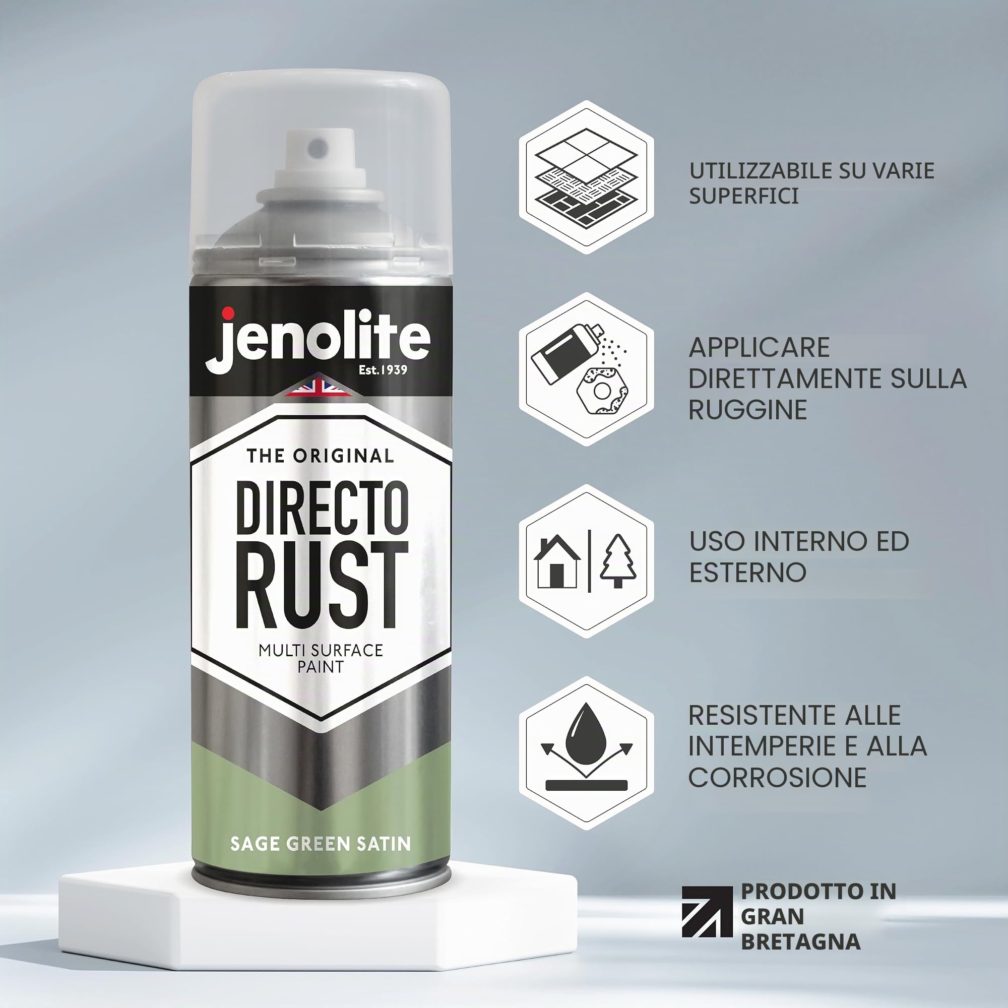 JENOLITE Directorust Vernice Satinata | VERDE SALVIA | Vernice spray multisuperficie | Per l'uso su aperture in legno, metallo, plaspa, ceramiche e arrugginite | 3 x 400 ml (RAL 7494C)