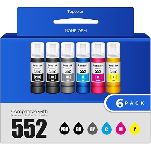 552 Ink Bottles 6 Pack ET-8550 ET-8500 Replacement for 552 Ink Refill Bottle Work for Photo ET 8550 ET8550 Photo ET 8500 ET8500 8550 8500 Printers (BK PB C M Y GY)