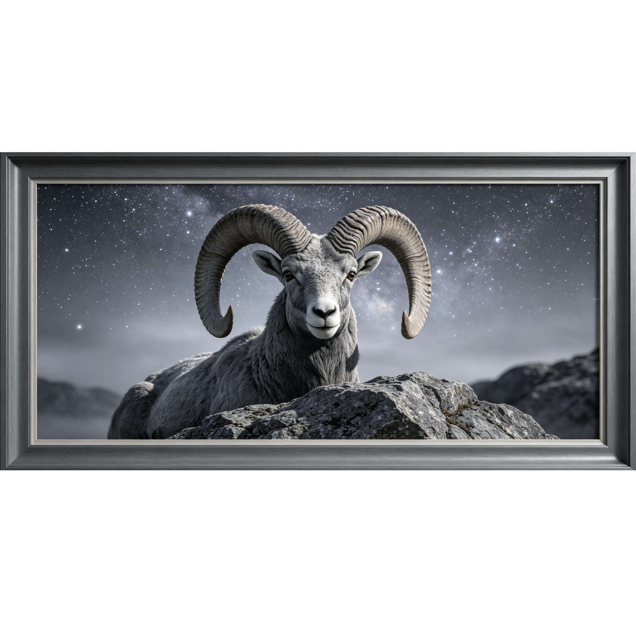 Agglomerix 3D Framed Wall Art Mountain Ram Wildlife Landscape Starry Sky Rocky Peak Monochrome Animal Large Size Self-Adhesive Removable Wall Decor Prints Artwork for Living Room Bedroom Office