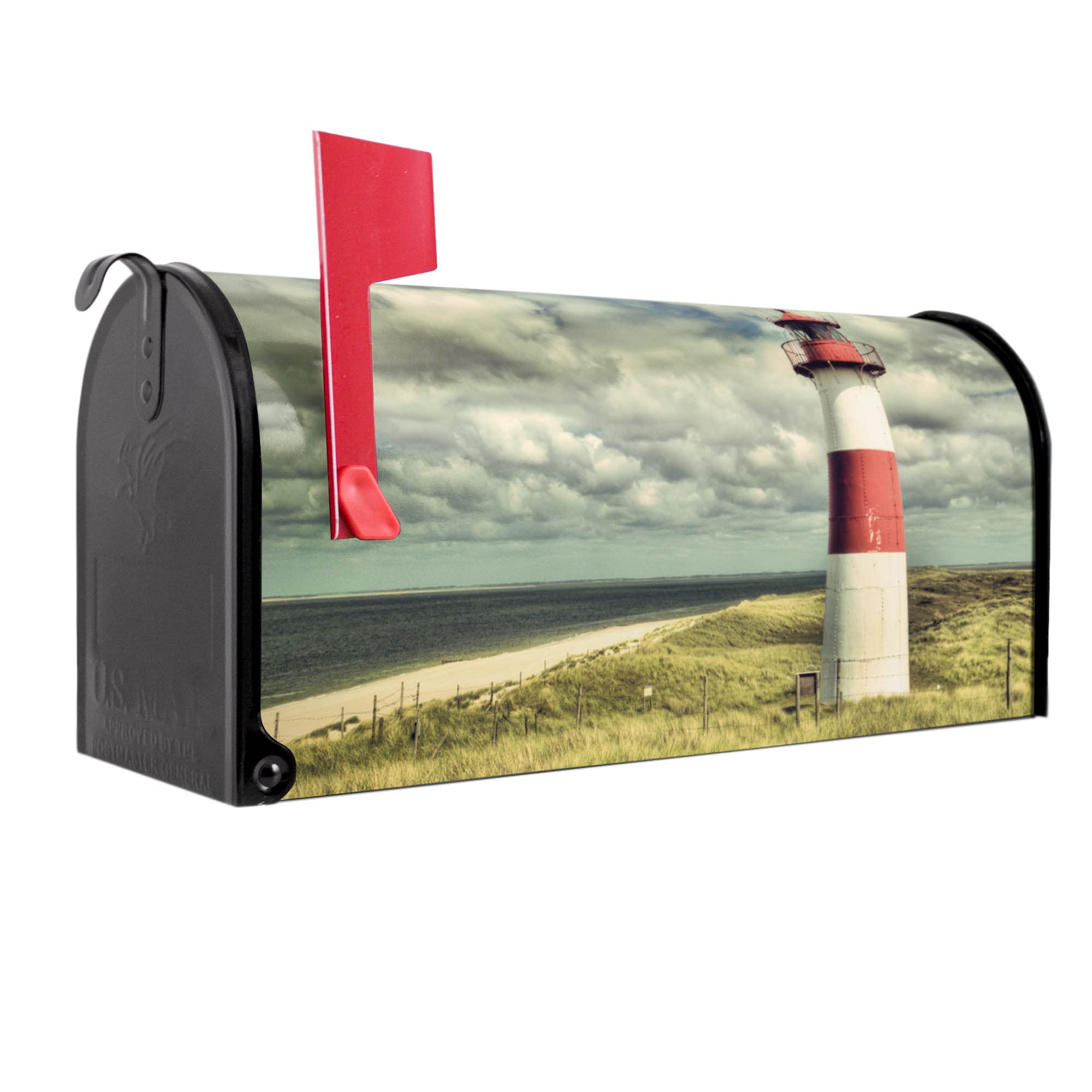 banjado Amerikanischer Briefkasten - US Mailbox/Letterbox mit Motiv Motiv Leuchtturm Sylt 51x22x17cm - Postkasten Stahl aus Amerika – Briefkasten amerikanisch schwarz pulverbeschichtet