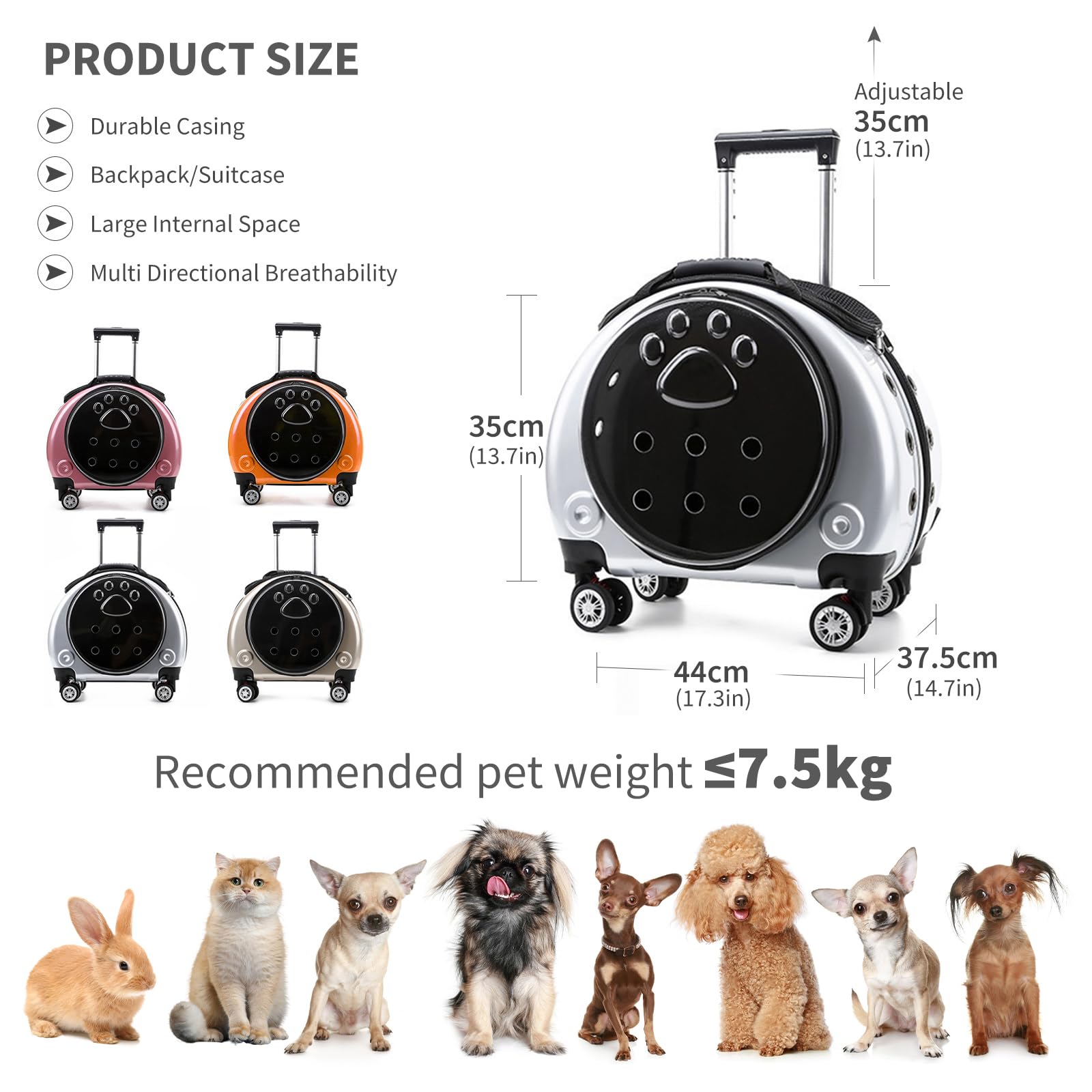 PETCUTE Zaino Trolley per Cani Gatti,Buona Ventilazione,Zaino per Gatti con Tappetino Rimovibile,Comoda Maniglia,Pieghevole Trasportino Gatto con Ruote per Cani Piccoli Gatti Medi Fino 7.5 KG