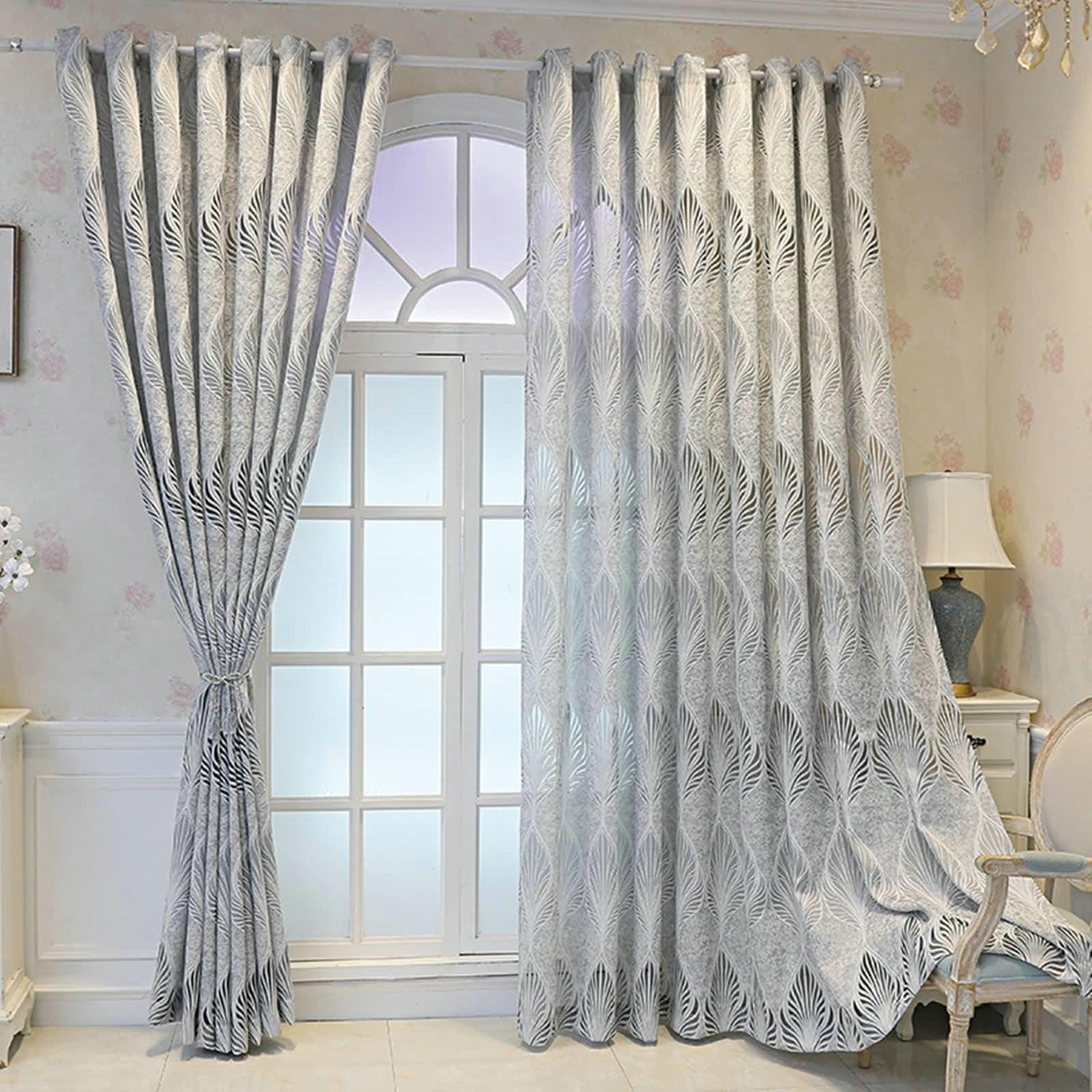 Vorhänge Durchsichtig Fenster, Vorhänge Einfach Blättermuster Vorhänge Wohnzimmer 2er Set H 115 x B 132 cm, Grau