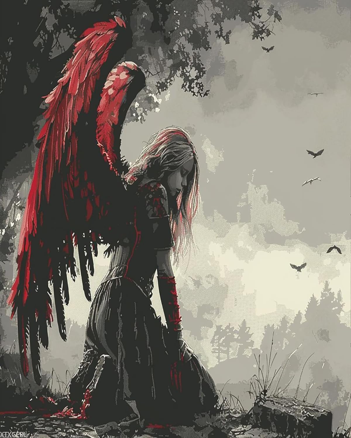 XTXGERL Paint by Numbers Kit Red Wings Fallen Angel for Adults on Canvas with Brushes Acrylic Pigment DIY Oil Painting for Home Wall Decor (40x50cm/16x20 inch)