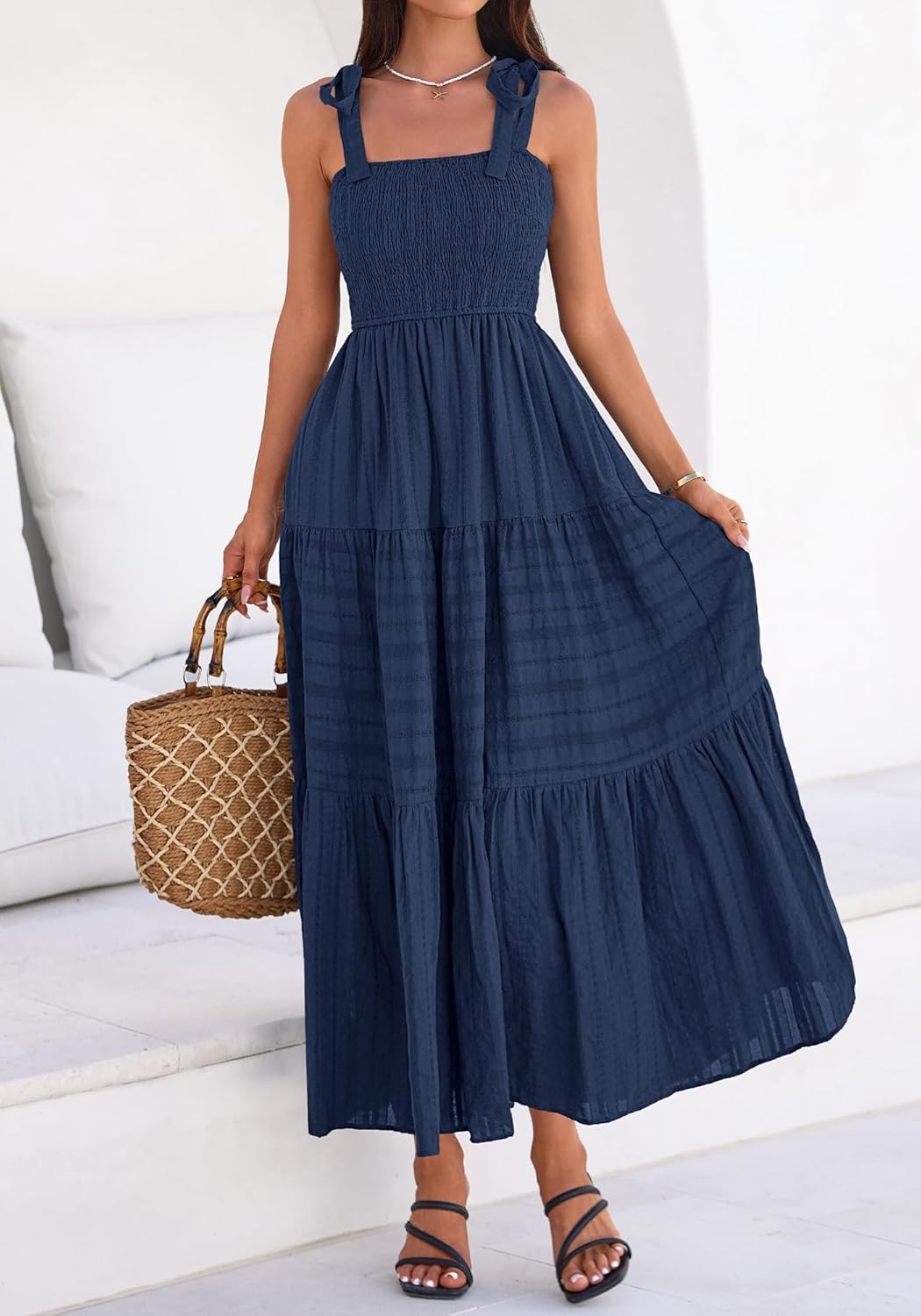BTFBM Women's 2026 Spring Boho Spaghetti Strap Dress Casual Sleeveless Smocked A Line Beach Sundress Long Maxi Dresses - Image 6