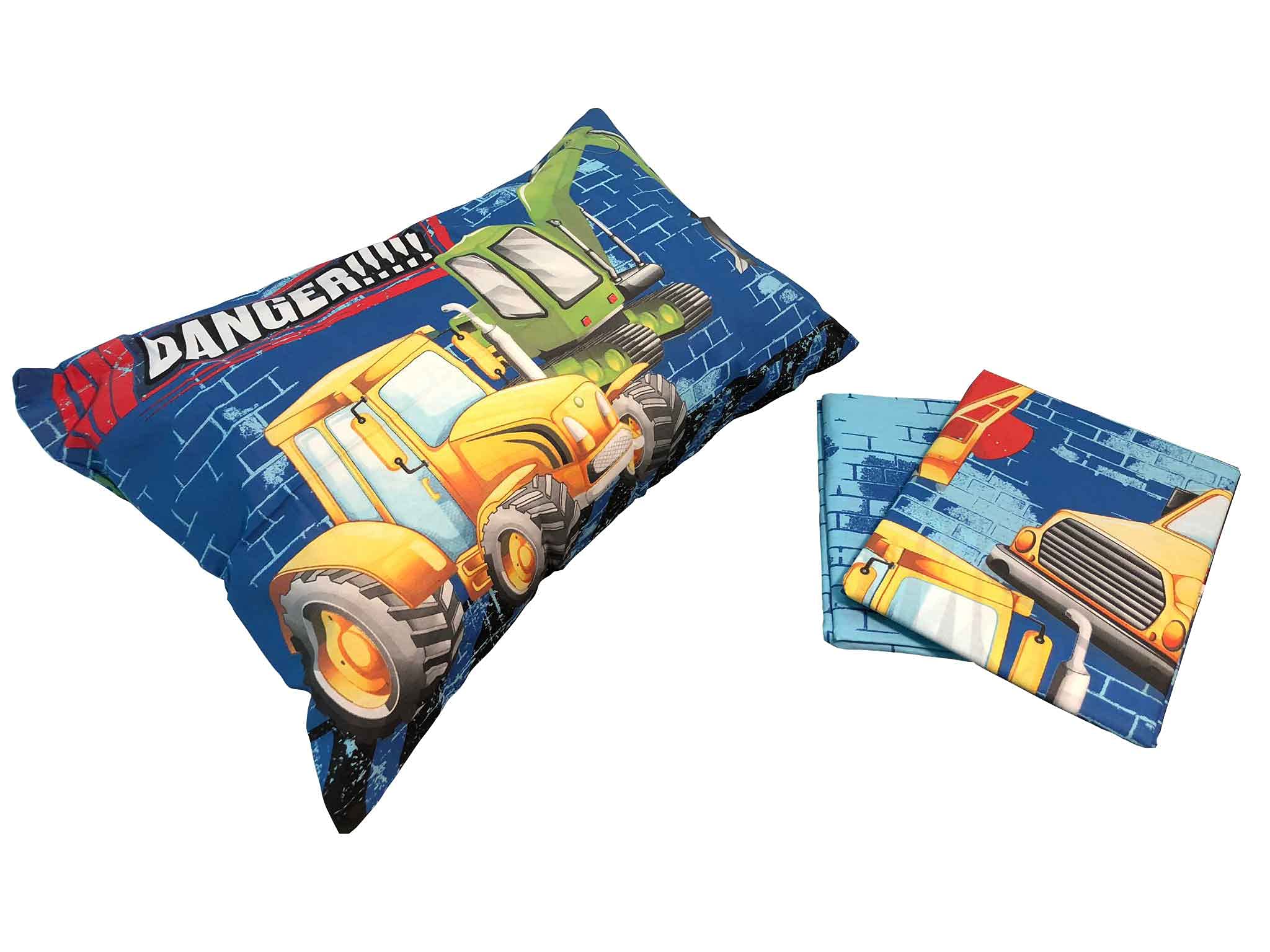hermet Set Lenzuolo Singolo Cameretta, Una Piazza, Completo Letto, Lenzuolo Sopra, Lenzuolo Sotto Con Angoli, Federa, 100% Cotone, fantasia con Ruspa, Camion, Trattore