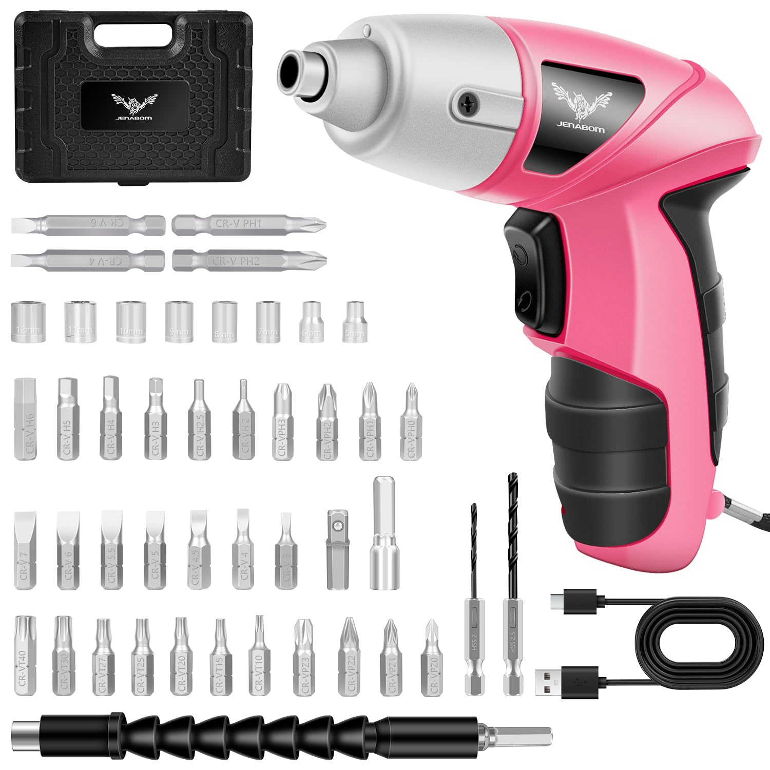 JENABOM Electric Screwdriver Cordless, 47 in 1 Portable Pink Cordless Driver