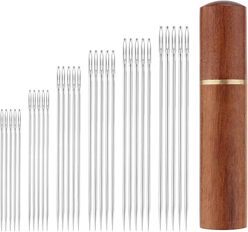 25 agujas de coser grandes, 5 tamaños, agujas de bordar, agujas de hilo, agujas de acolchado con estuche de aguja de madera, aguja de lana de acero