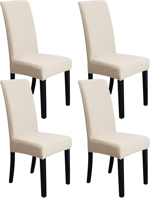 Amazon Basics Stretch Dining Chair Slipcover, Jacquard Diamond Lattice, Set of 6, Beige