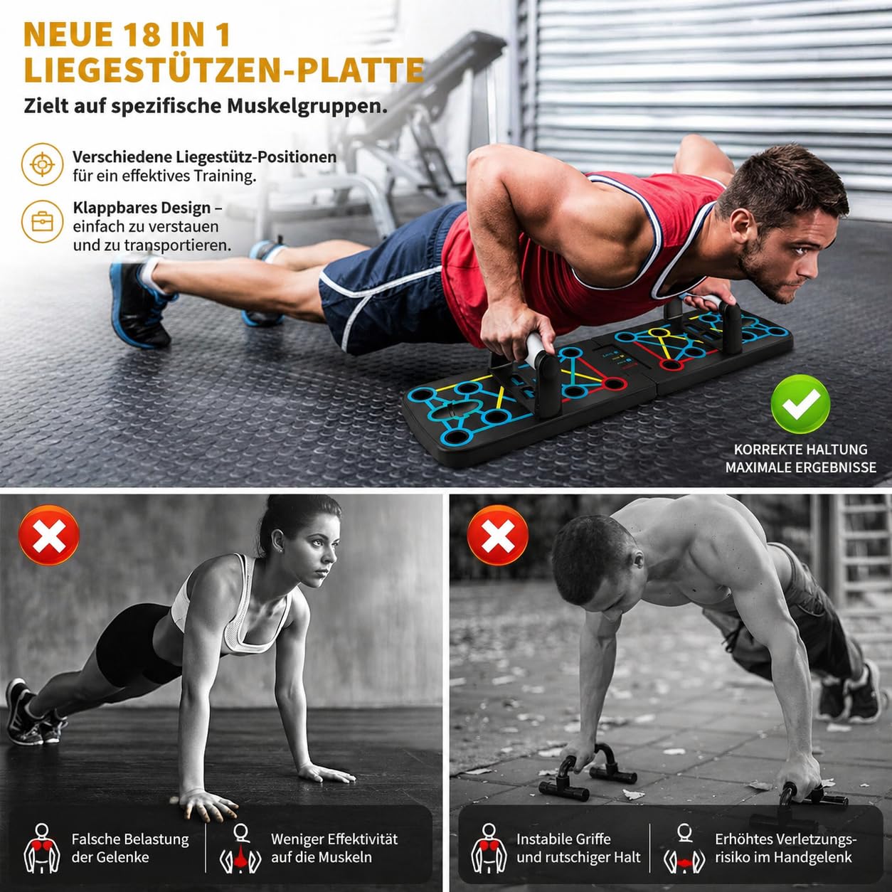 FUNFLEX Liegestützbrett 17-in-1 Push-Up Board – Faltbares Trainingsboard mit Griffen & Widerstandsbändern – Ergonomisch & Gelenkschonend – Für Home-Workout, Krafttraining & Calisthenics