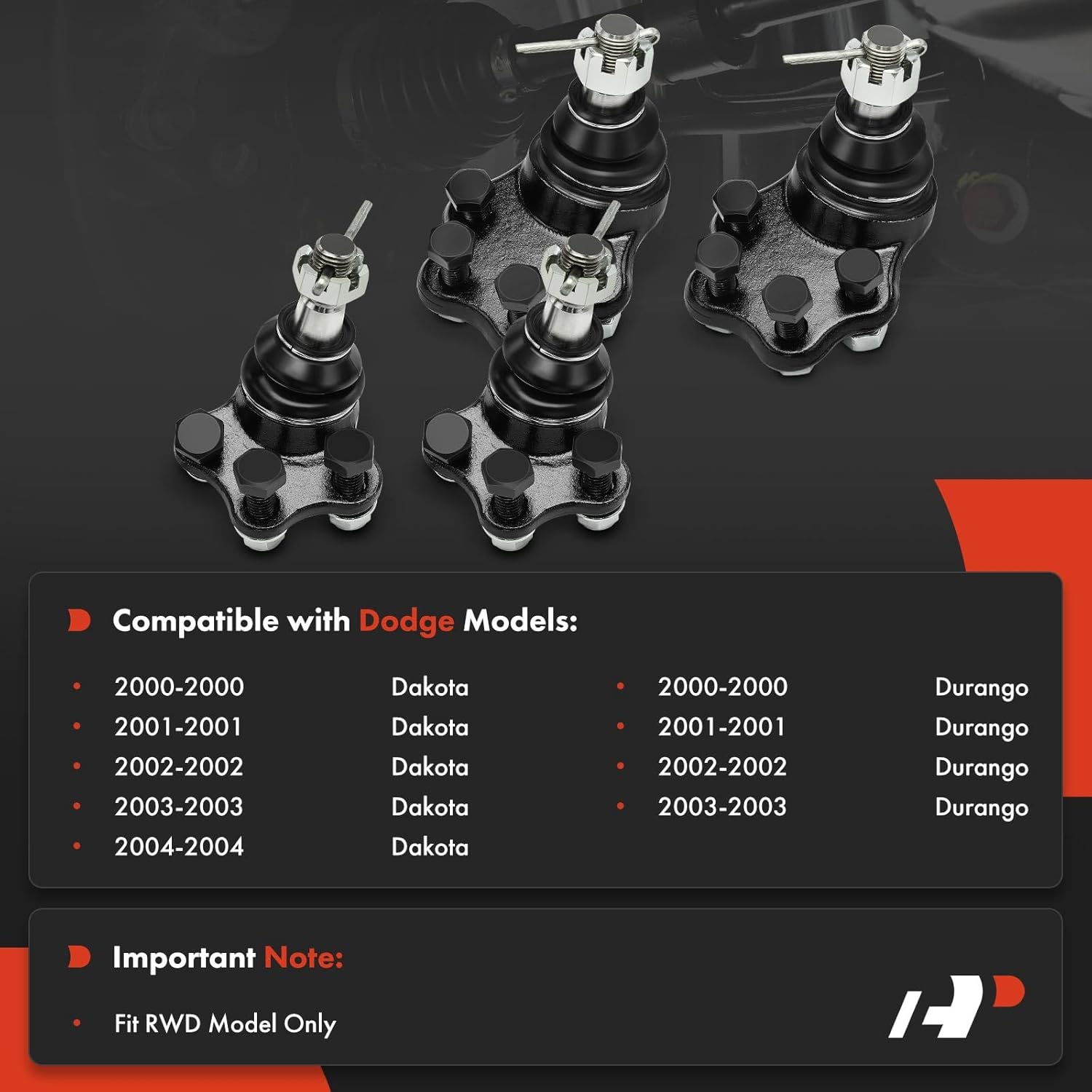 A-Premium Set of 4, Front Upper and Lower Ball Joints Kit, Compatible with Dodge Durango 2000-2003, Dakota 2000-2004, RWD Only
