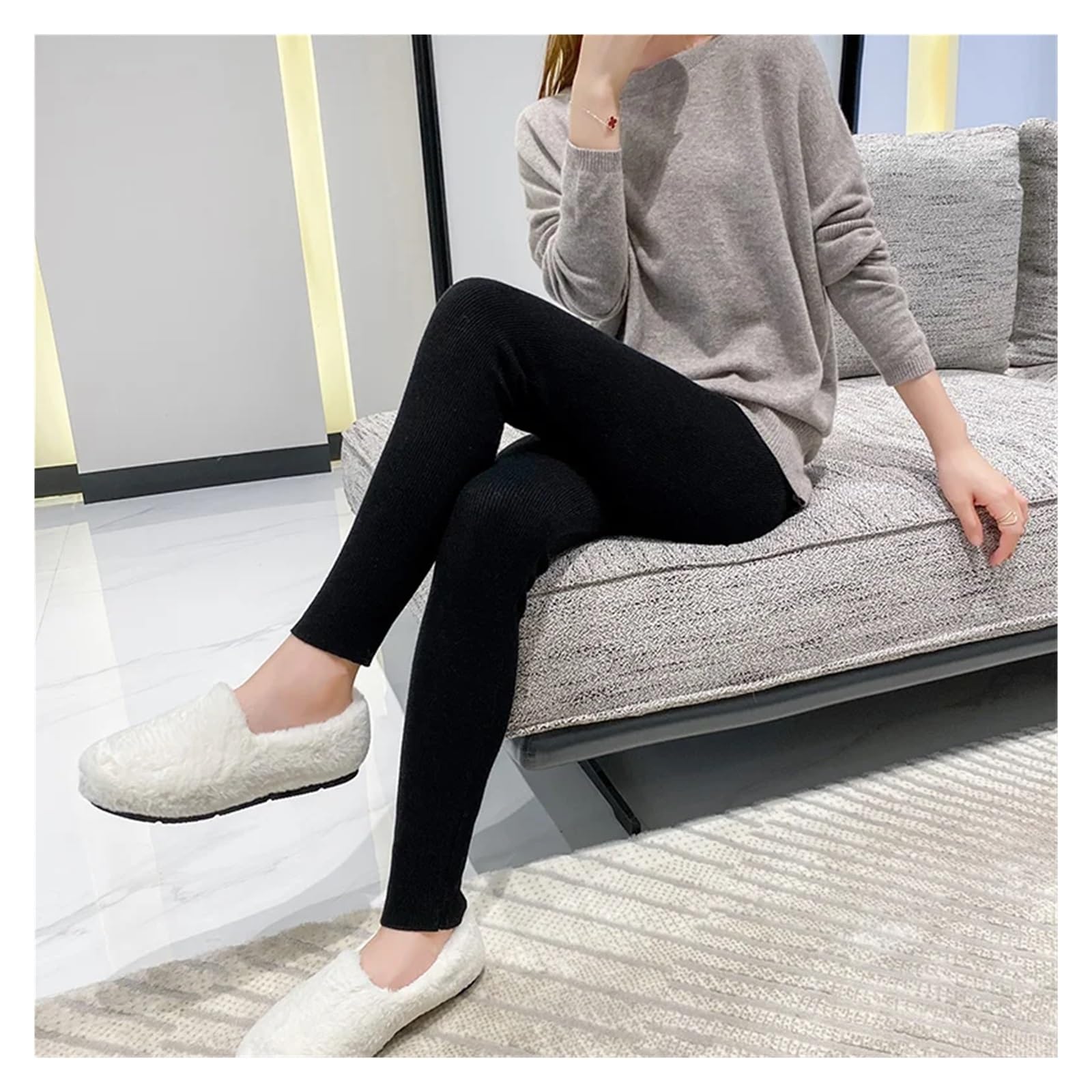 Leggings Termici Autunno Inverno Donna Leggings ispessenti Vita a Costine a Righe Verticali Leggings Lavorati a Maglia Casual Collant Caldi e usurati(Light Camel,L)