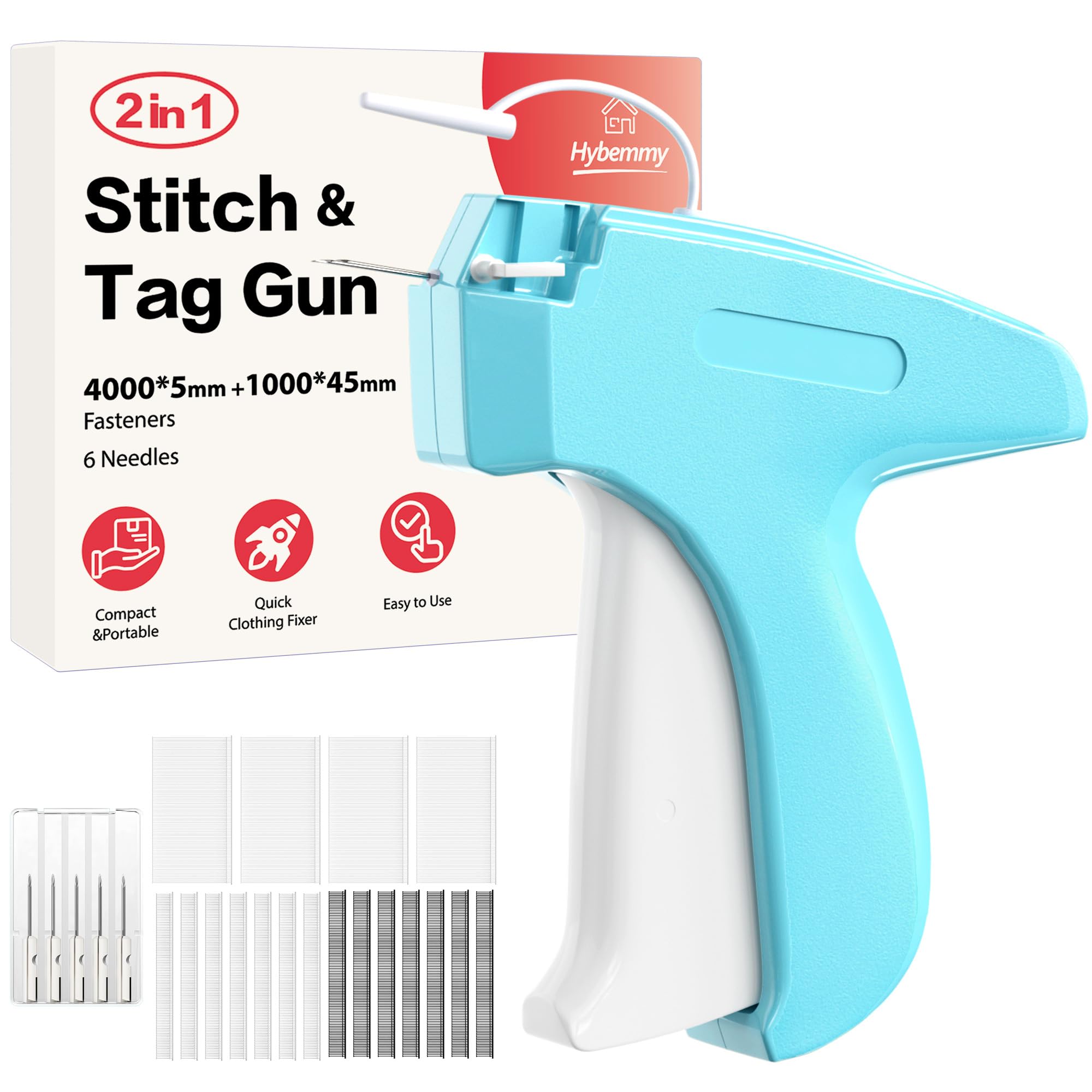 2-in-1 Stitch Gun for Colthes &amp; Tagging Gun for Clothing，Stitchy Quick Clothes Fixer with 5000pcs Fasteners（4000 5mm Black/White Sewing + 1000 45mm Tagging) &amp; 6 Needles（Blue)