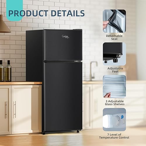 Miniatura 6 de Mini refrigerador con congelador, refrigerador pequeño de 3.8 pies cúbicos, ahorro de energía, bajo ruido, 7 termostatos ajustables, refrigerador