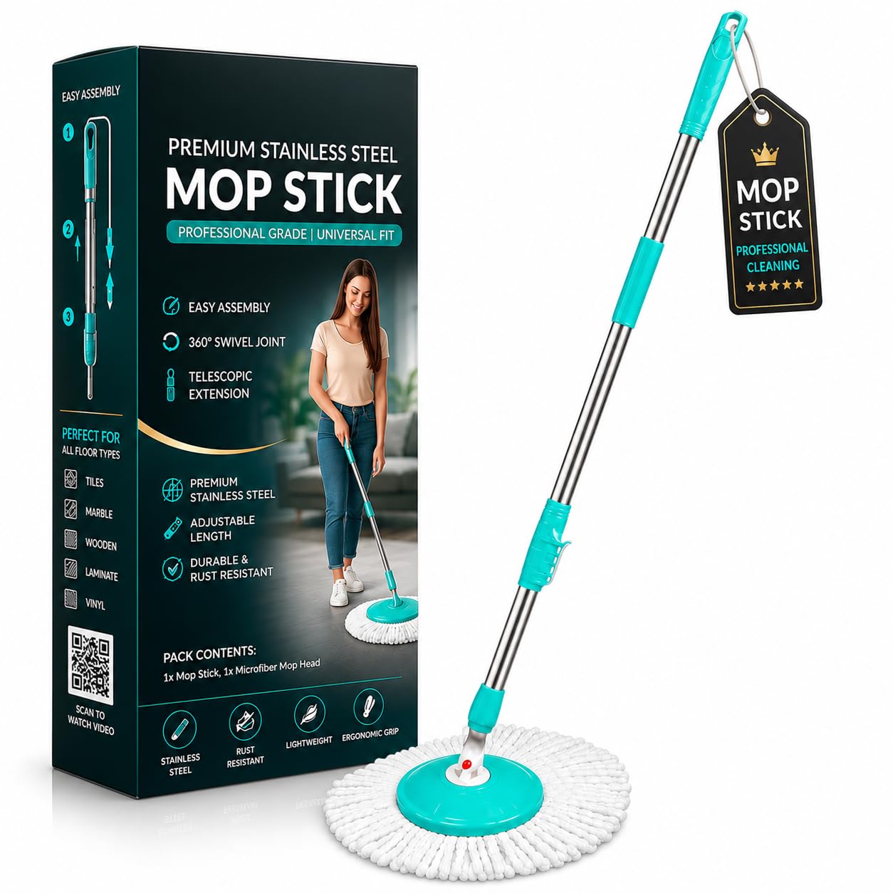 Premium 360° Spin Mop Stick Rod with Stainless Steel Handle | Adjustable & Extendable Mop Handle | Heavy Duty Rust-Proof Floor Cleaning Rod Compatible with Spin Mop Refill - 1 Refill-picture-14