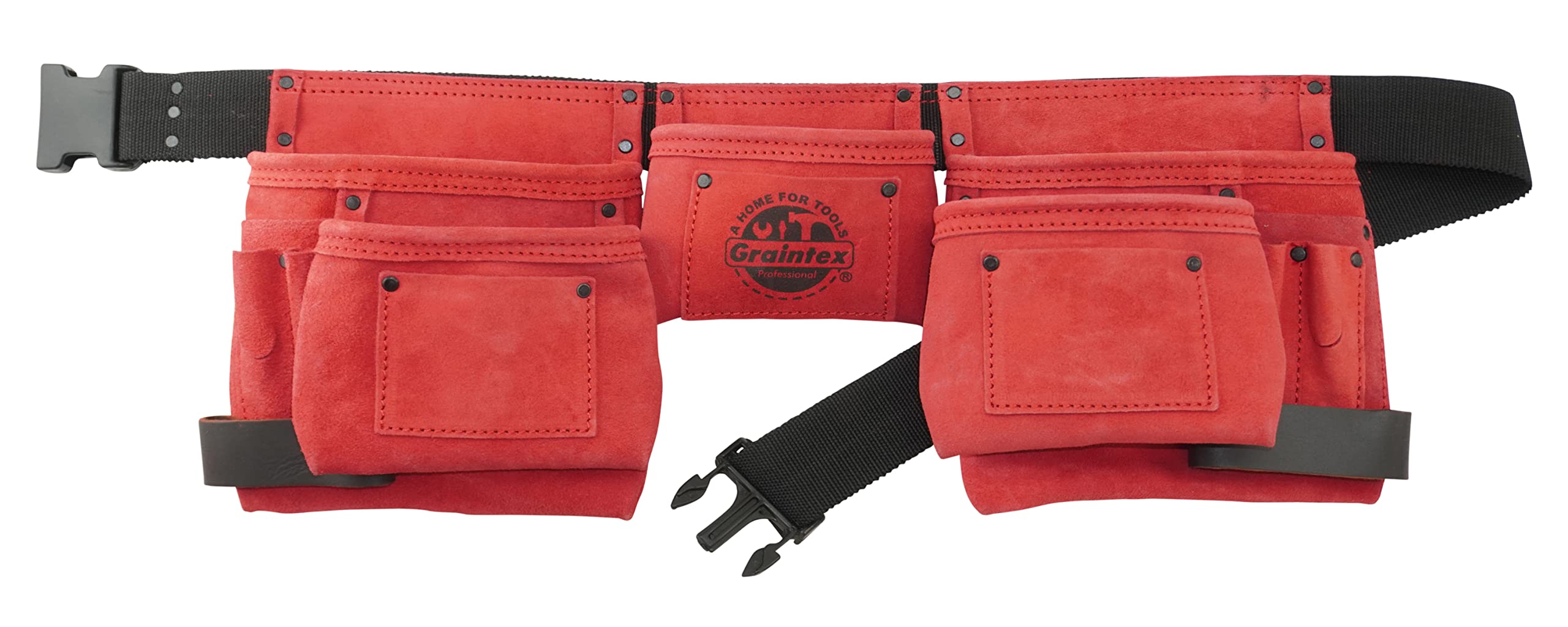 Graintex DS2439 11 Pocket Work Apron Red Color Suede Leather with 2” Webbing Belt, 2 Hammer Holders Loops for Constructors, Electricians, Plumbers, Handymen