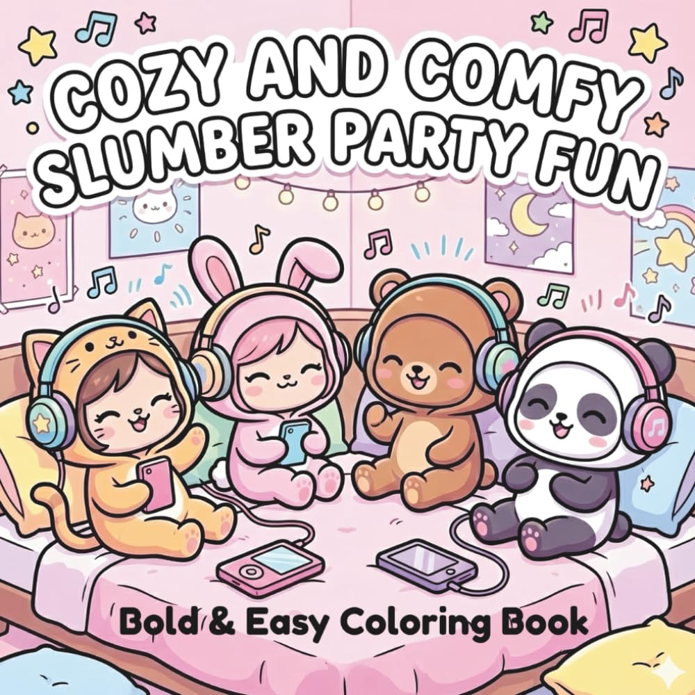 Cozy And Comfy Slumber Party Fun: Bold And Easy Coloring Book for Adults, Teens And Kids Featuring Cute Characters Having Fun At A Slumber Party with Easy To Color Designs