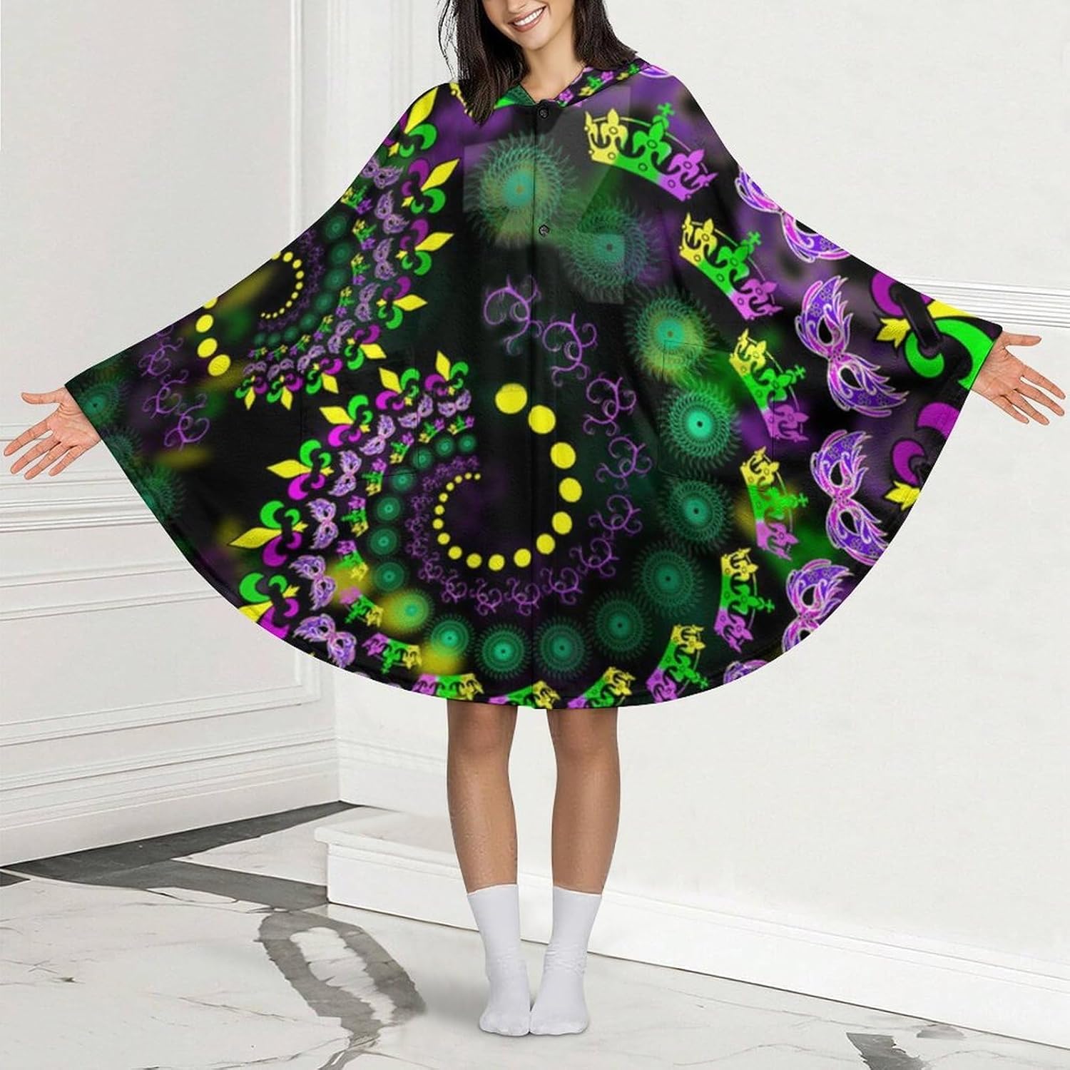 Psychedelic Vortex Mardi And The Gras Wearable Blanket with Hooded Flannel Blankets Cape with Pocket