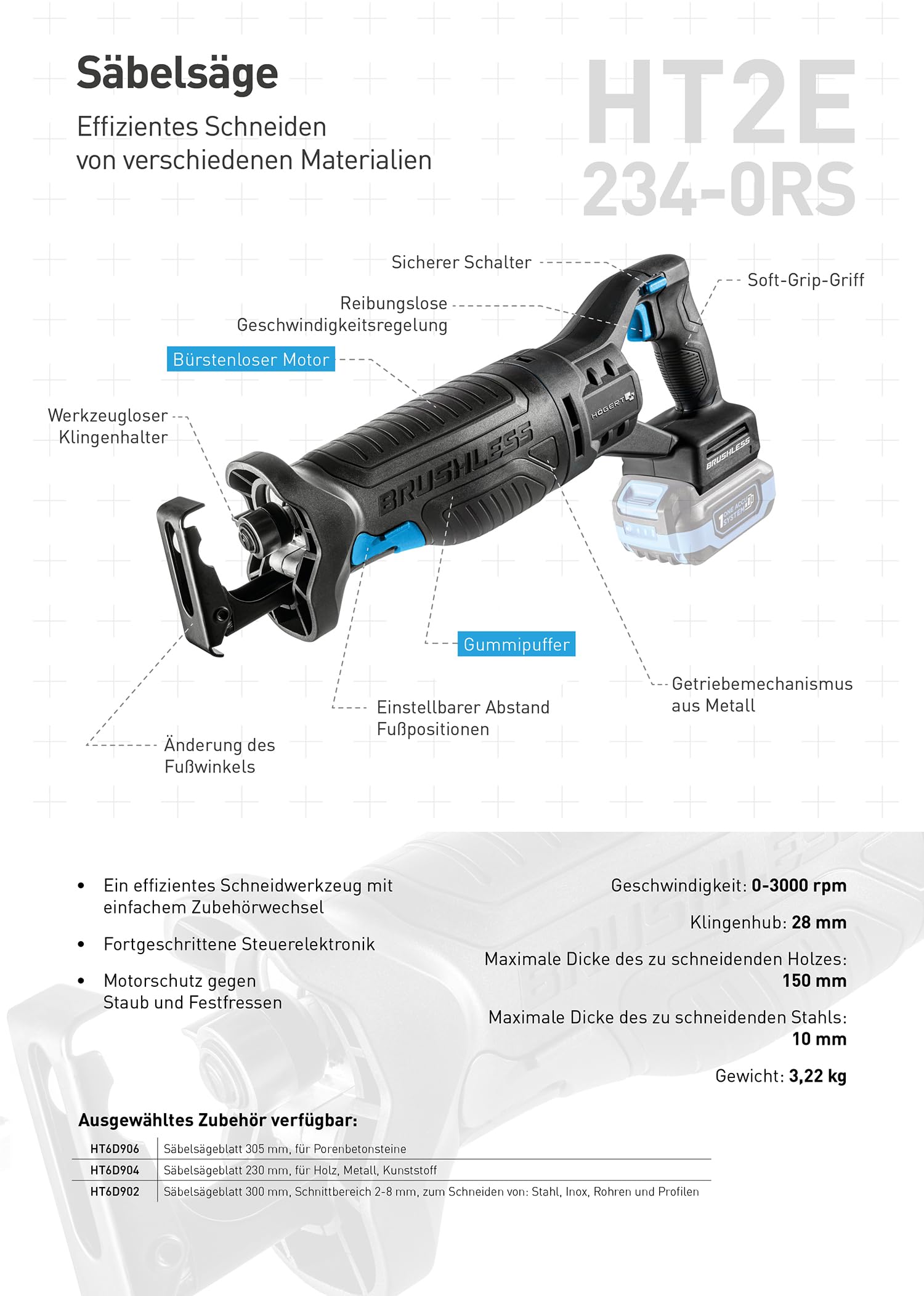 HÖGERT TECHNIK Sega a gattuccio a batteria 18V, motore brushless, senza fili, 0-3000 giri/min, corsa lama 28 mm, cambio lama senza attrezzi, ingranaggi in metallo, impugnatura antivibrazione