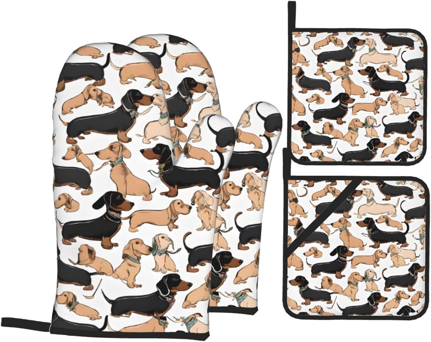 (Dachshund Floral) Baking 4-Piece Set: 2 Oven Mitts and 2 Pot Holders Heat Resistant Waterproof Hanging Loop for Kitchen Oven Grill Housewarming Gifts