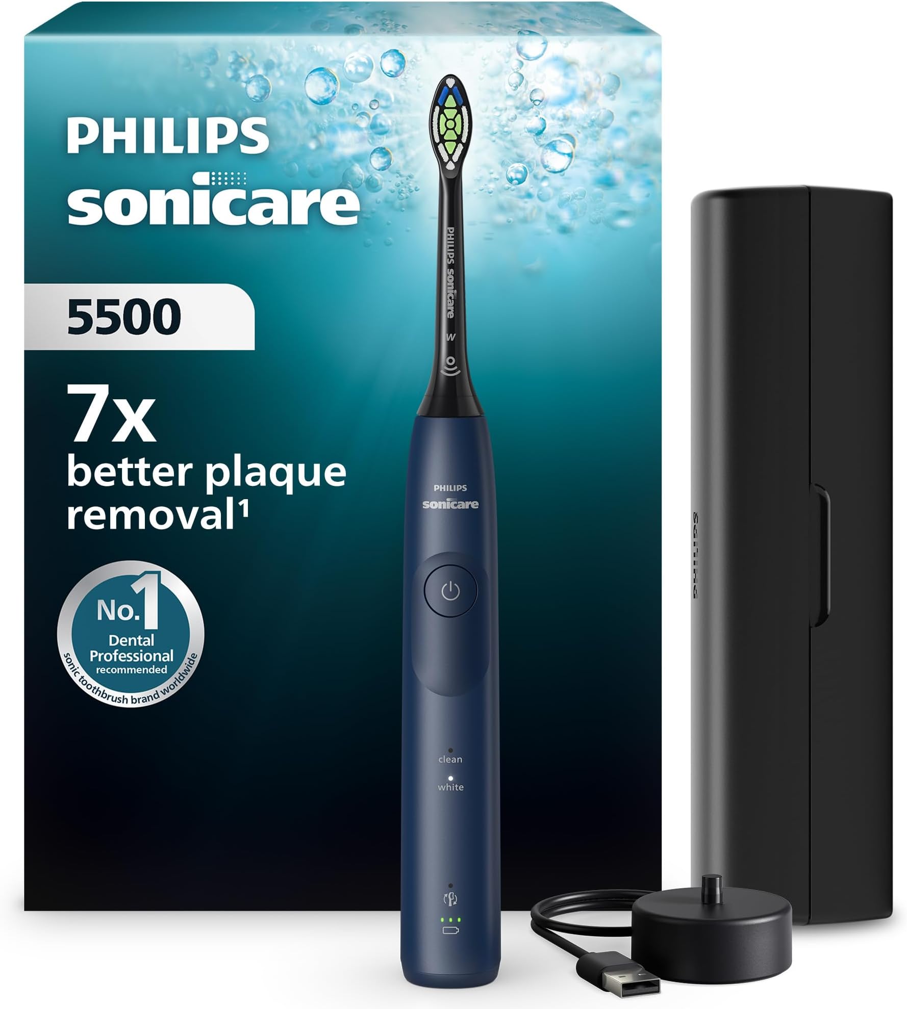 – Philips Sonicare 5500 Electric Toothbrush, Sonic Toothbrush with 2 Modes, Pressure Alert, EasyStart, SmarTimer and BrushPacer, Navy, Model HX7113/01 [New Technology]