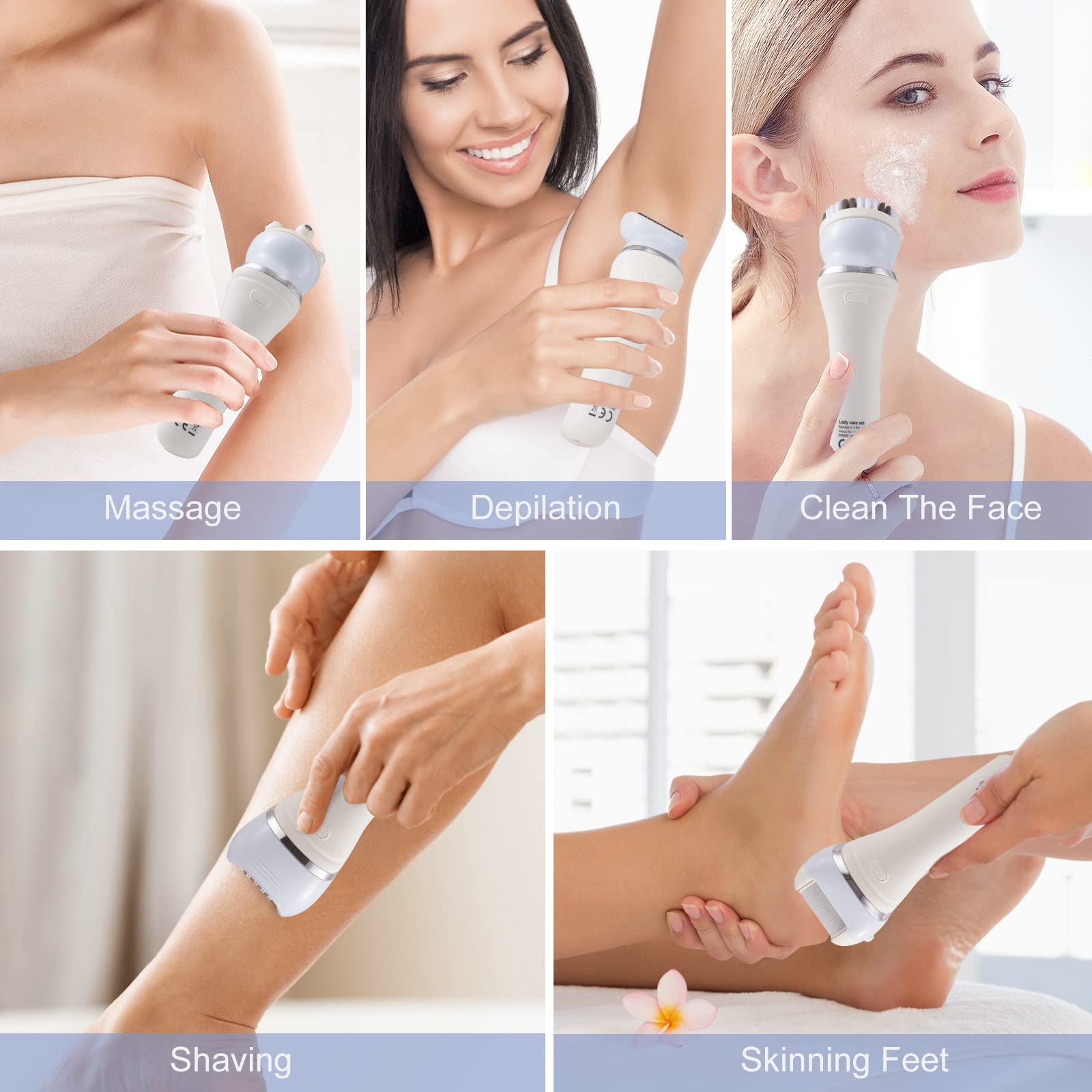 Epilateur Electrique Femme, 5 en 1 Rasoir Electrique sans Fil Rechargeable avec 2 Vitesses pour les Jambes et le Corps épilation, Épilateur électrique avec Exfoliant, Nettoyage et Massage du Visage
