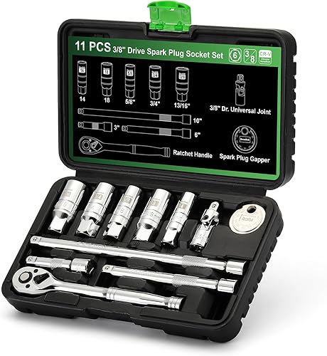 TecoTek Juego de llaves de bujía de 11 piezas con mango de trinquete de 38 pulgadas, separador de bujías, junta universal y barra de extensión, 58