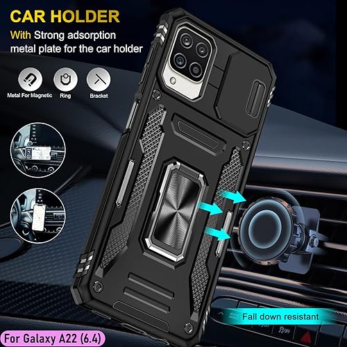 Miniatura 8 de Funda resistente para Samsung Galaxy A22 (4G), protector híbrido de goma de doble capa de grado militar con protector de cámara deslizante, soporte