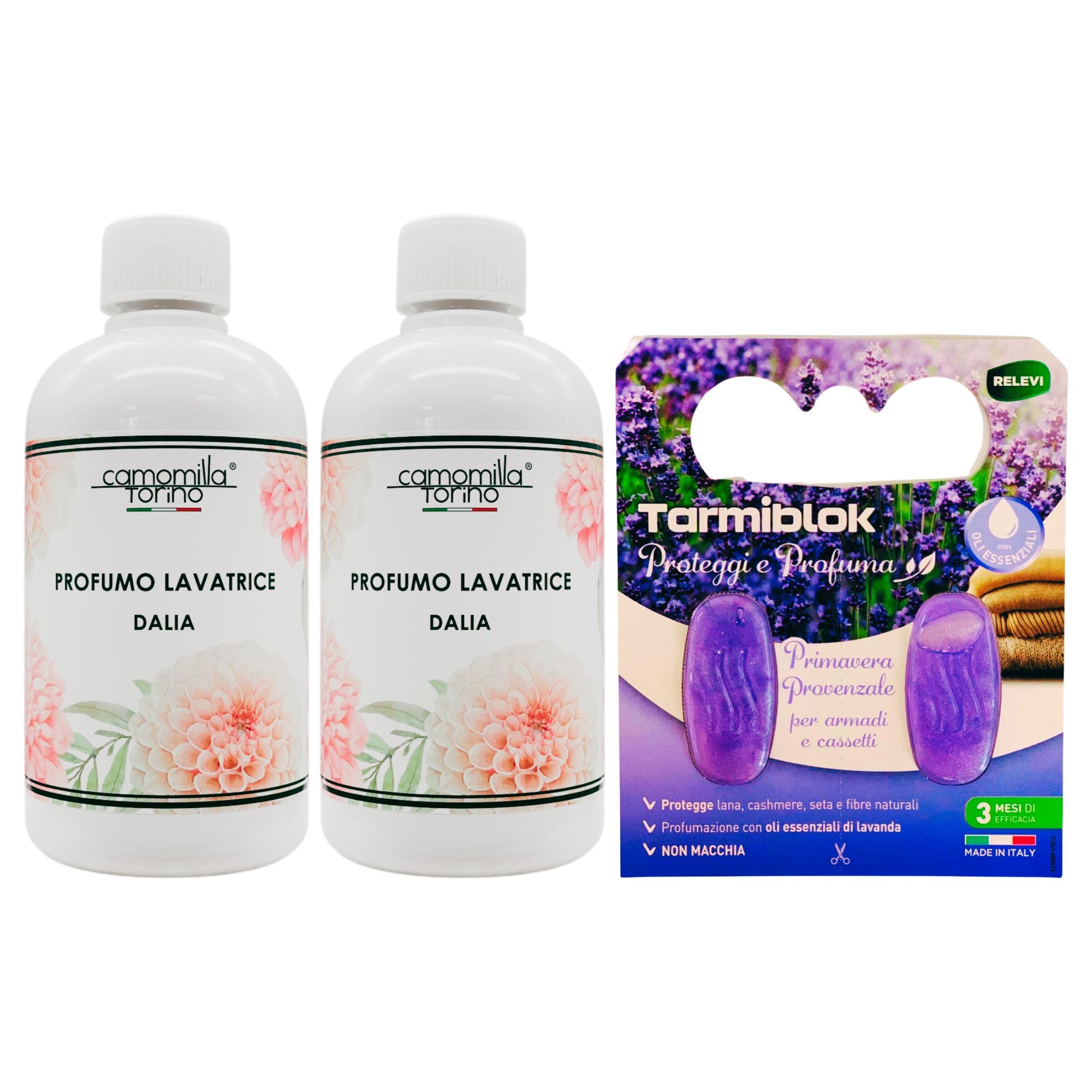 Camomilla Torino, Profumo Lavatrice, DALIA 500ml + Tarmiblok, Proteggi e Profuma Per Armadi e Cassetti, Profumo Di Primavera Provenzale (2xProfumo Lavatrice+1xTarmiblok)