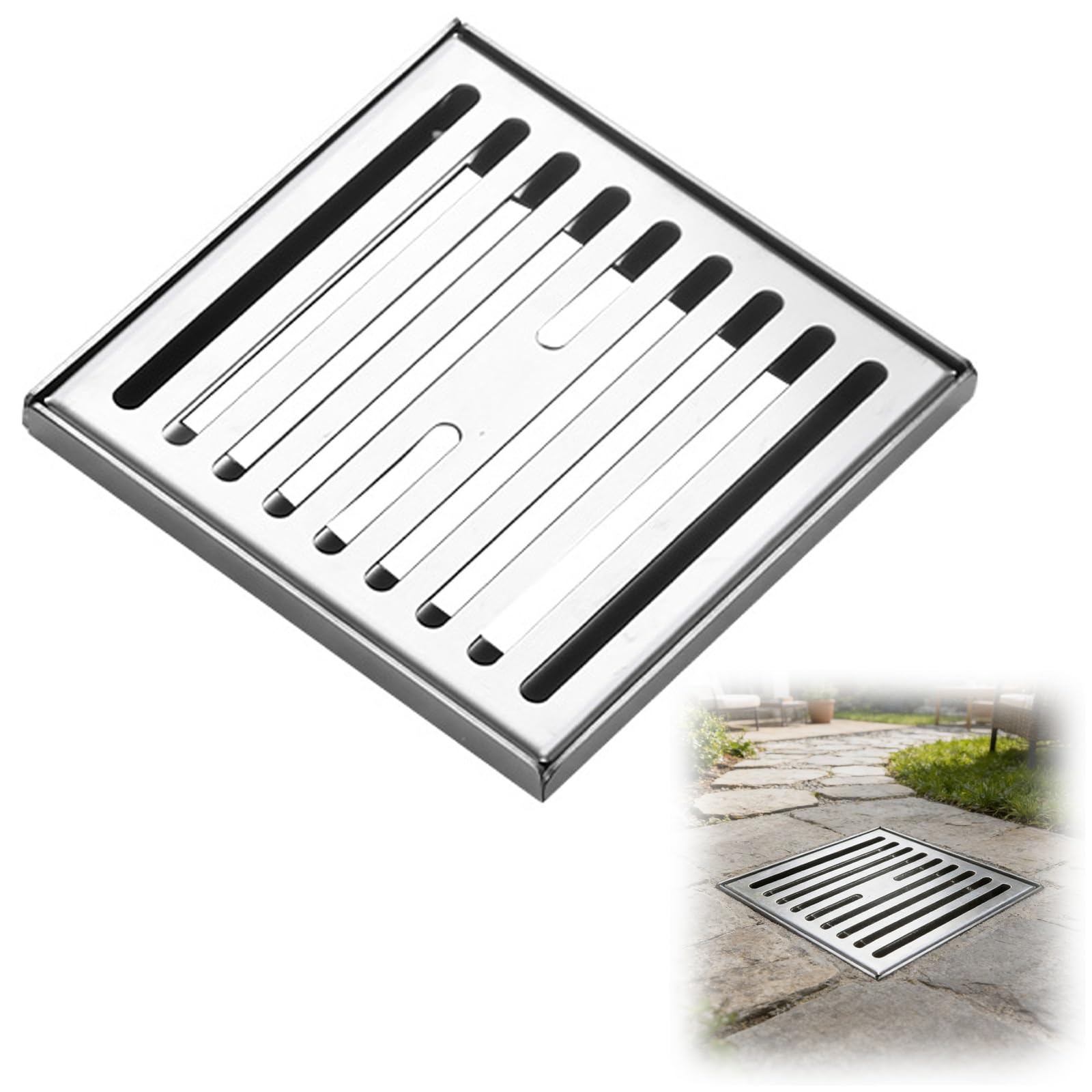 Grille de vidange carrée inox pour stopper l'eau stagnante sur terrasse et cour
