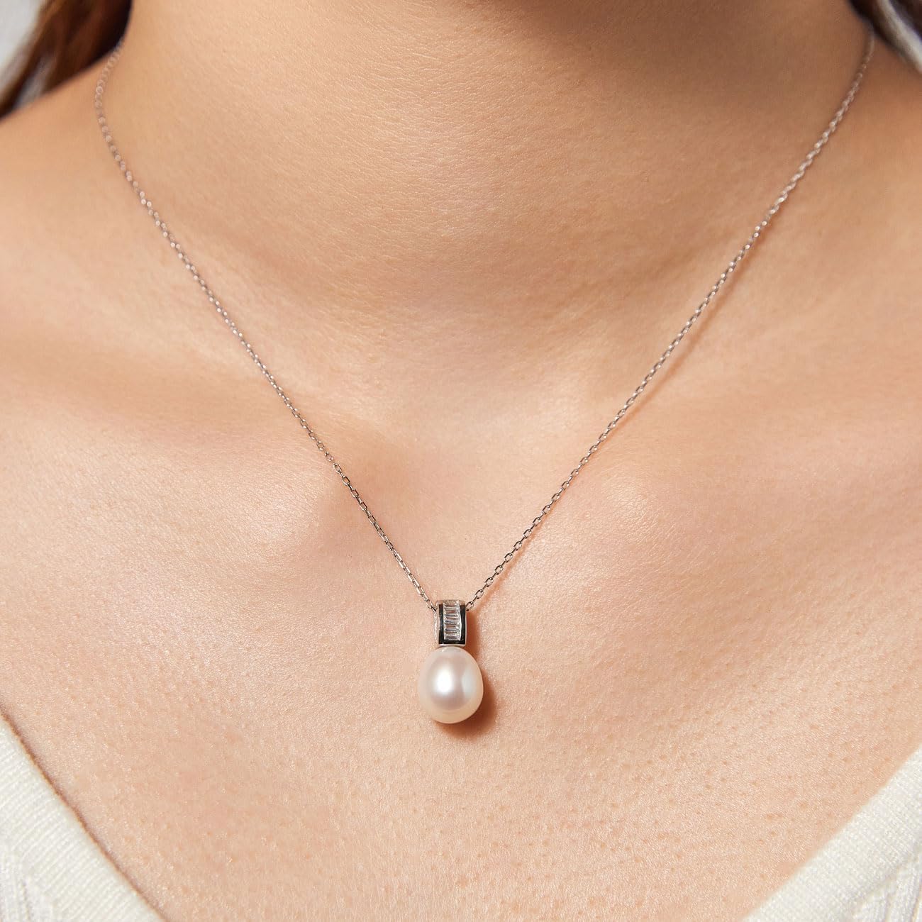 Michooyel S925 Freshwater Pearl Pendant Necklace for Women Cubic Zirconia Necklaces Sterling Silver Birthstone Jewelry for Women, 16-18 inch - Image 2