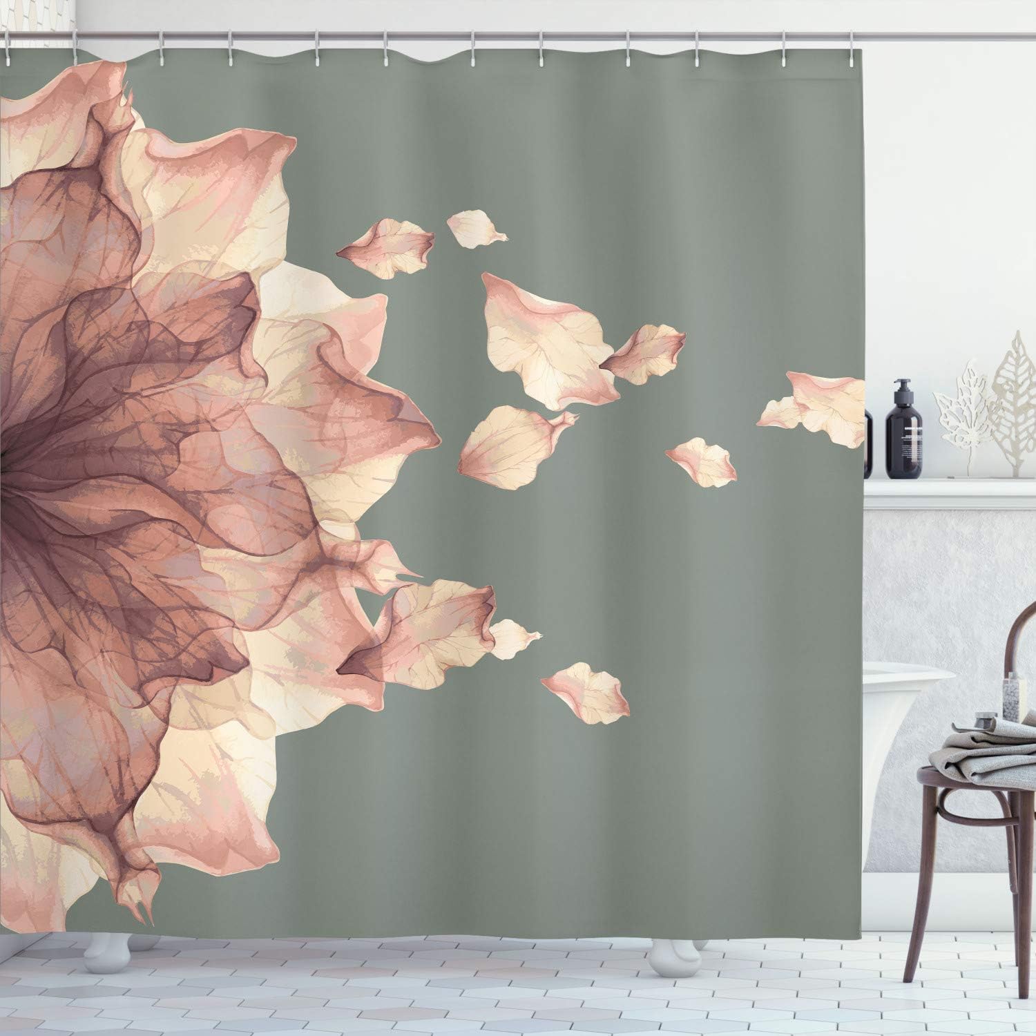 Ambesonne Flower Shower Curtain, Abstract Themed Modern Futuristic Image with Water Like Colored Artwork Print, Cloth Fabric Bathroom Decor Set with Hooks, 70" Long, Blush Beige