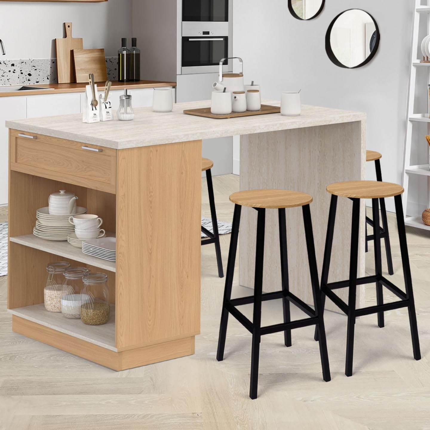 IDMarket - Ilot Central Mange-Debout 4 Personnes VITO 130 cm Bois et Plateau Effet travertin