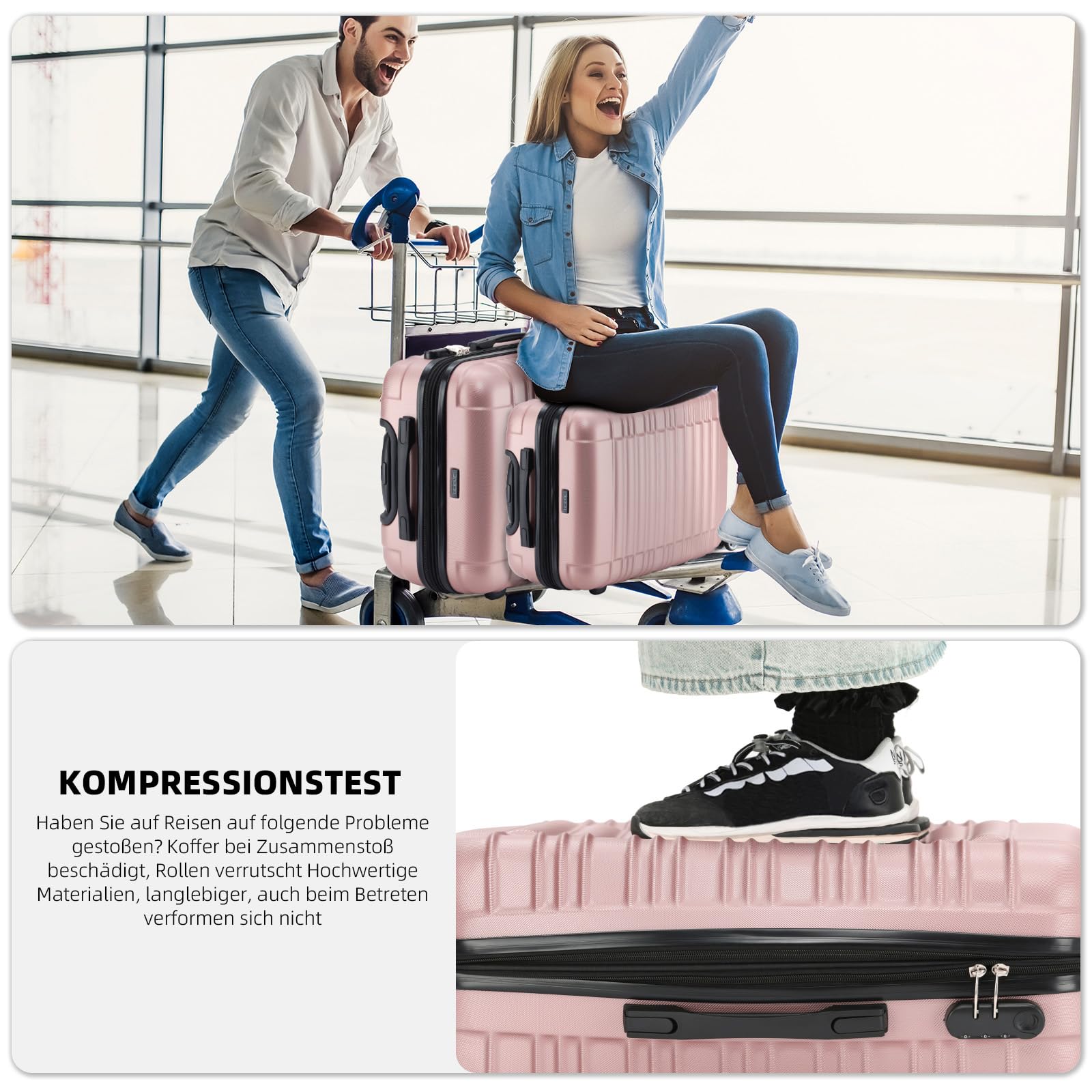 BEIBYE Reisekoffer 2088 Hartschalekoffer Gepäck Koffer Trolley Bordcase Handgepäck M in 14 Farben (Rosagold)