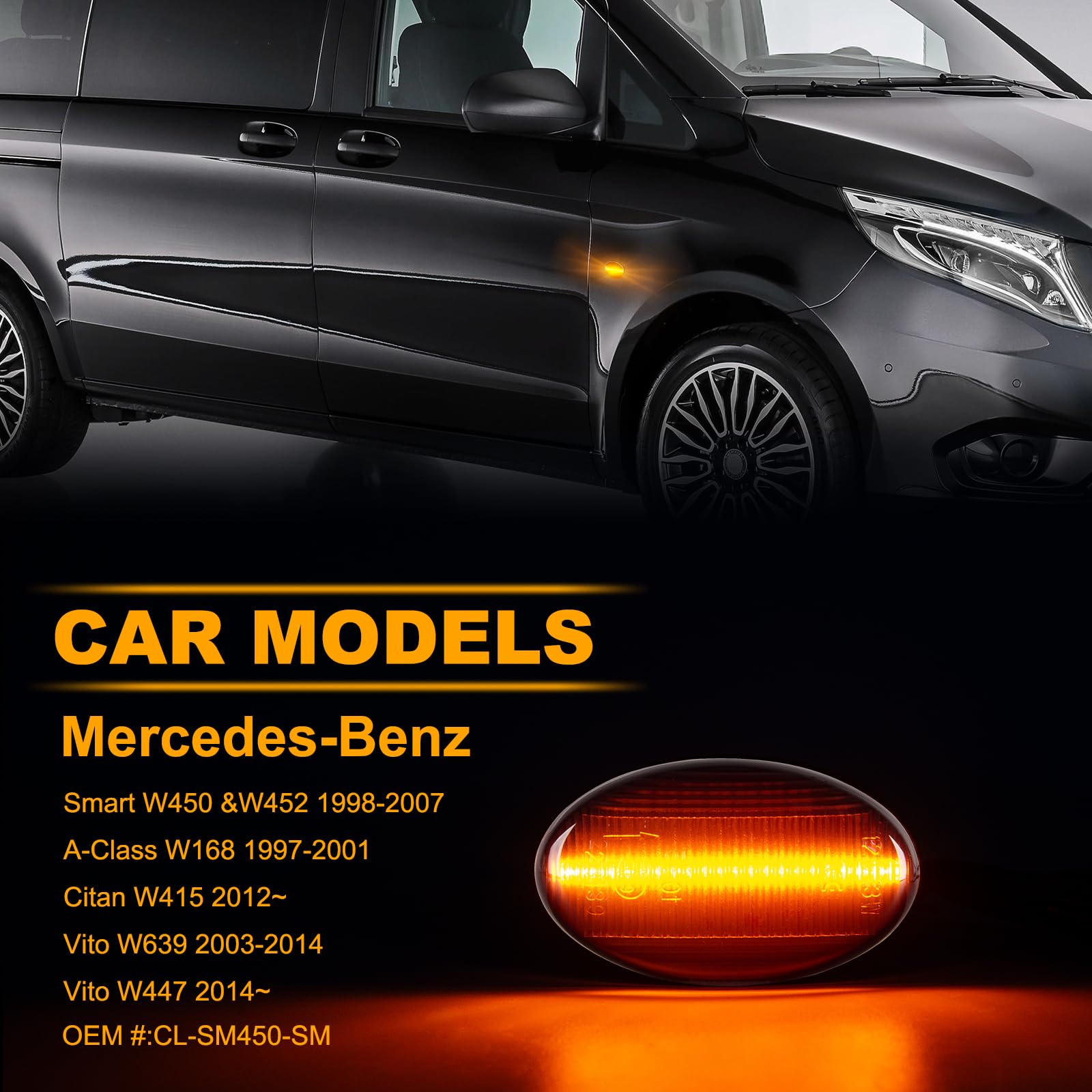 2 Stücke LED Blinker Seitenblinker für Mercedes-Benz Smart W450 W452 A-Class W168 Citan W415 Vito W639 W447, Blinker mit Canbus Fehlerfrei, Schwarz