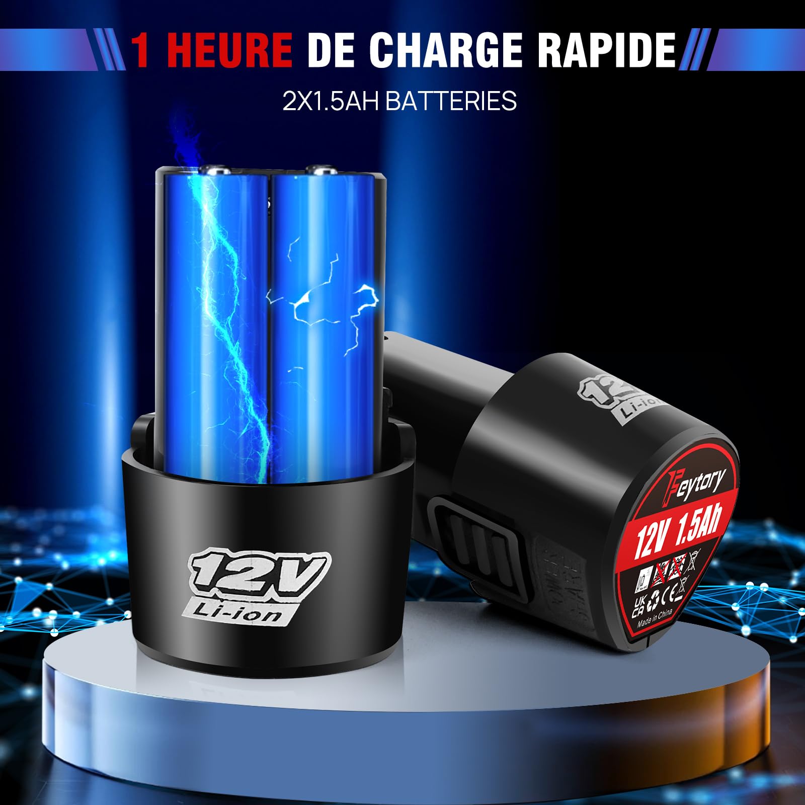 Clé à Cliquet Sans Fil 3/8'', Trousse à outils pour clé à angle droit 90°, 12V Électrique cliquet Clé avec lampe de travail à LED, 300RPM 40Nm Clé à cliquet, 2x1,5Ah batteries Charge rapide, 7 prises