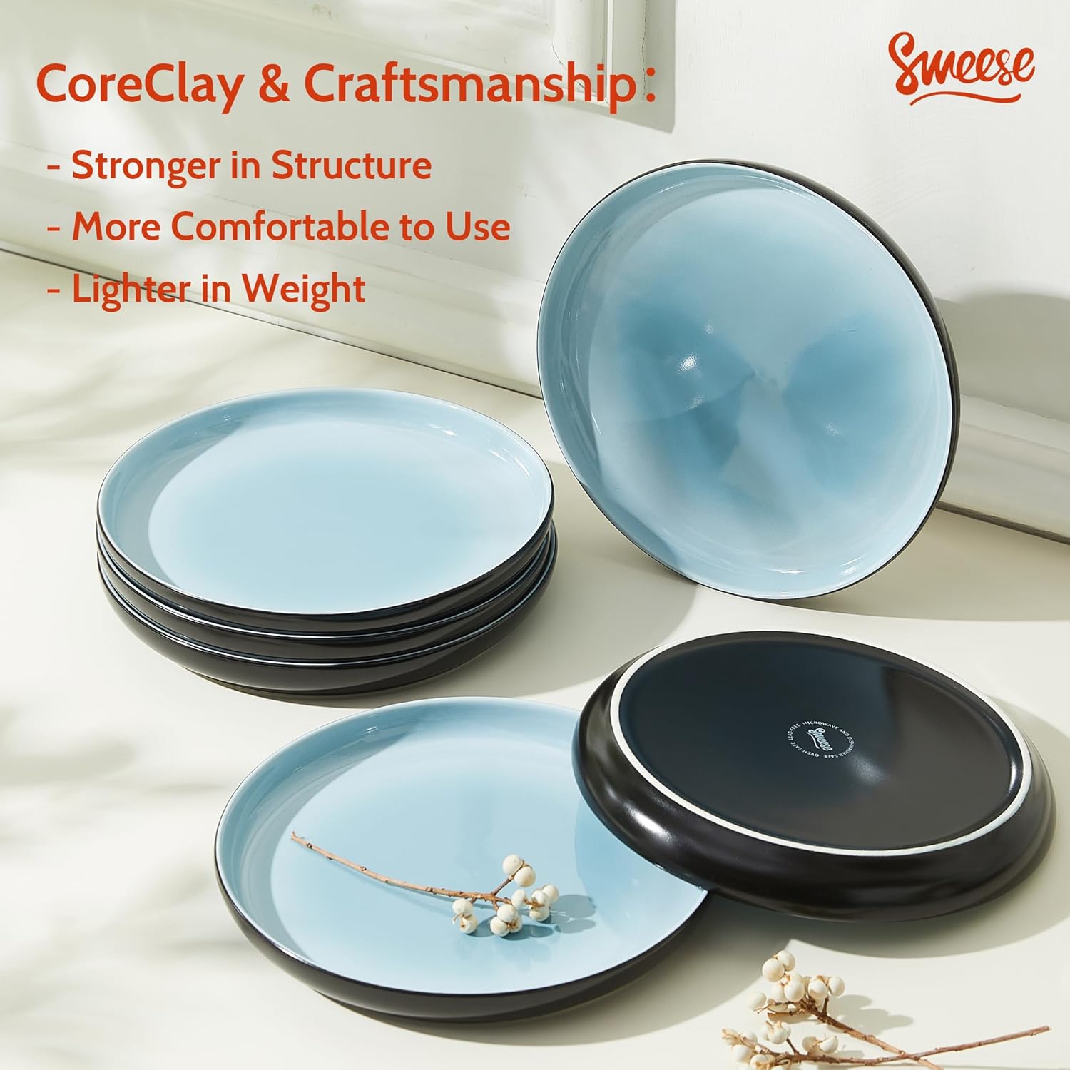 Sweese Porcelain Dessert Plates, 7.4 Inch Lightweight Round Salad Plates Set of 6, Small Appetizer, Small Kitchen Dish, Microwave & Dishwasher Safe, Scratch Resistant Plates set, Black & Blue