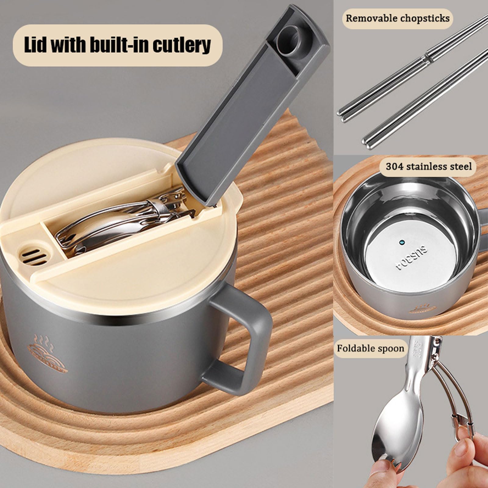 Syfunlv Instant-Nudelschüssel Edelstahl 1300ml - Doppelschichtige Isolierschüssel