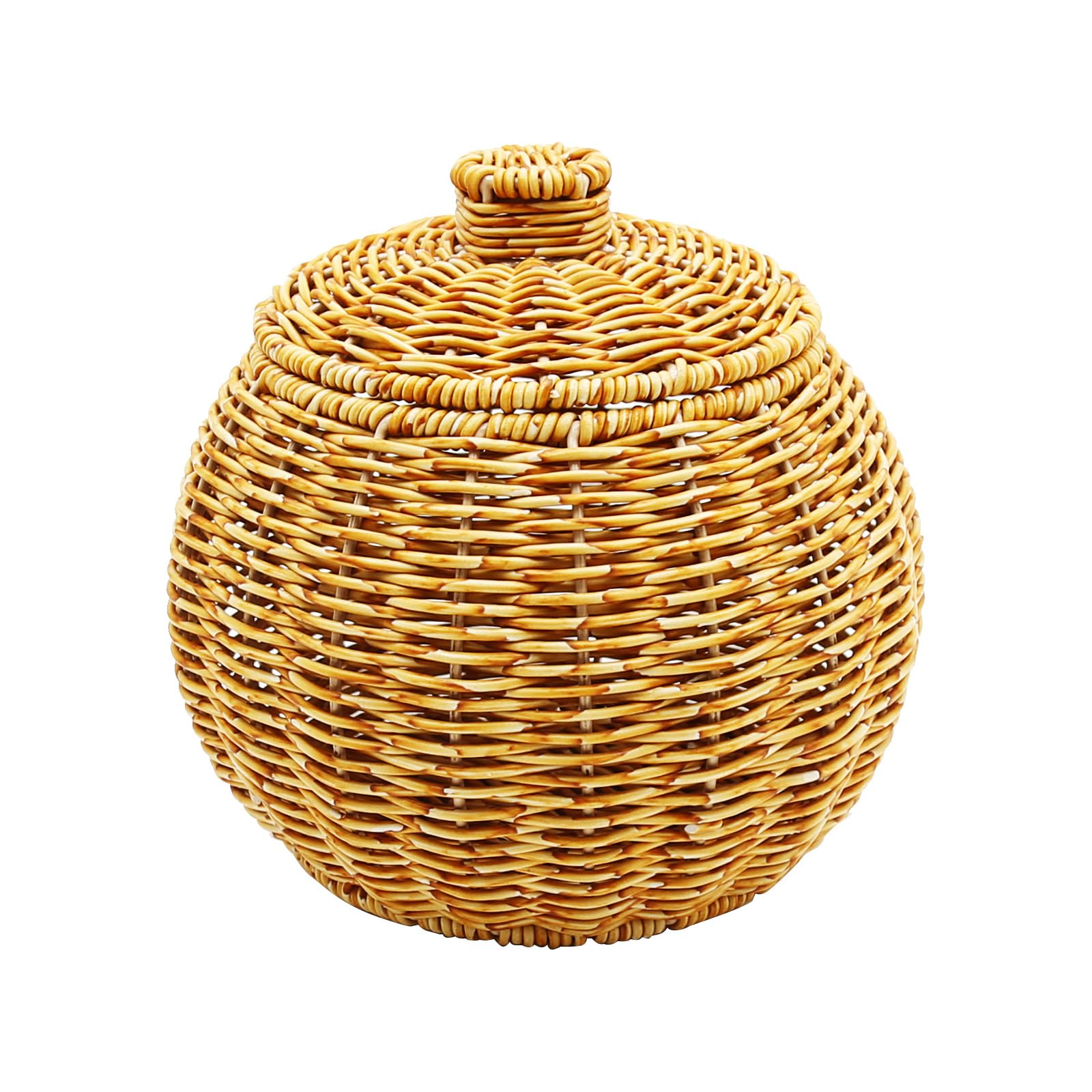 Round Rattan Storage Basket with Lid Mini Rattan Seagrass Box Handmade Rattan Desktop Storage Basket Round for Bathroom Living Room Kitchen Toy Key Holder Storage Decorative Flower