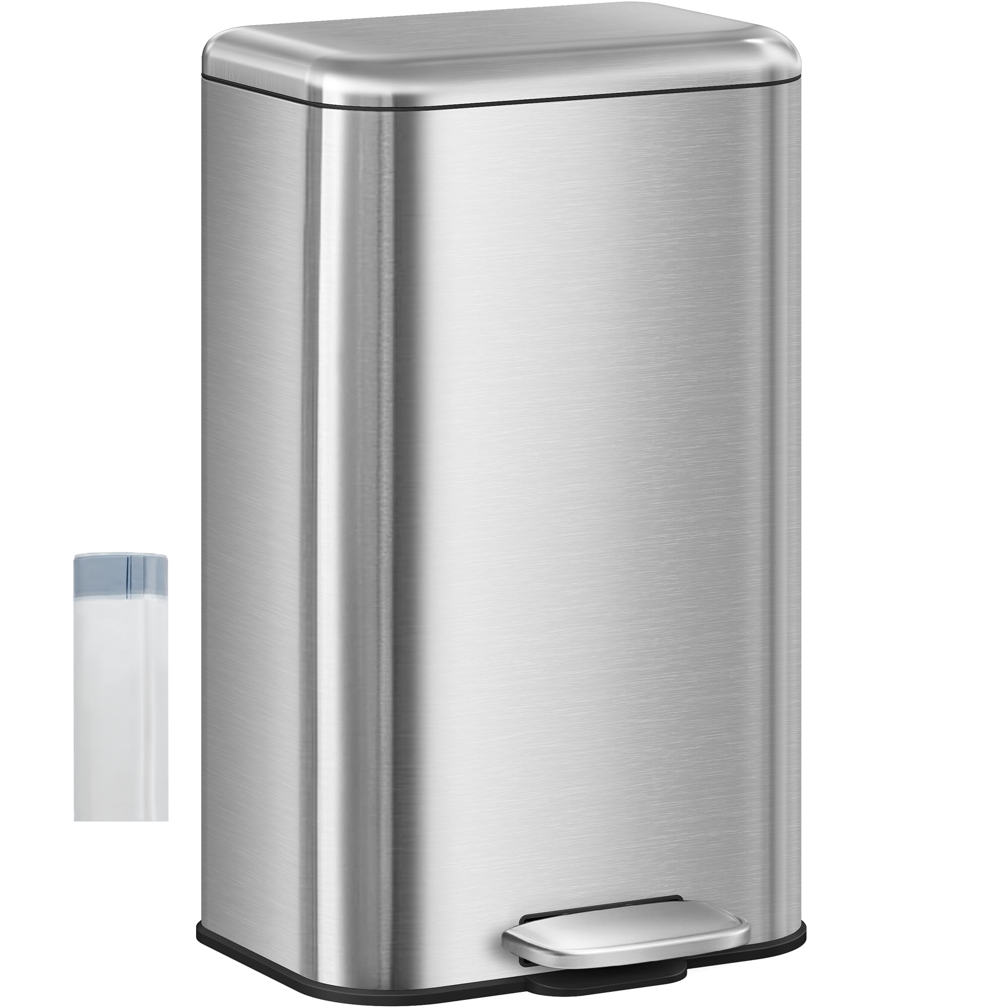 Hzuaneri Mülleimer Küche, 30L Abfalleimer mit Tretpedal, Tretmülleimer mit Softclose-Deckel und Inneneimer, Küchenmülleimer mit 15 Müllbeuteln, Stahl, Silber SW13099B