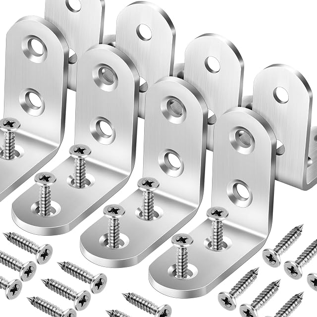 FANDAMEI 8 Sets Corner Brackets(3 mm Thickness) - 8 Pcs 40x40mm Metal Right Angled Brackets 90 Degree L Shaped Stainless Steel Silver Corner Braces with 32 Pcs M4 Screws for Wooden Chair Table Window
