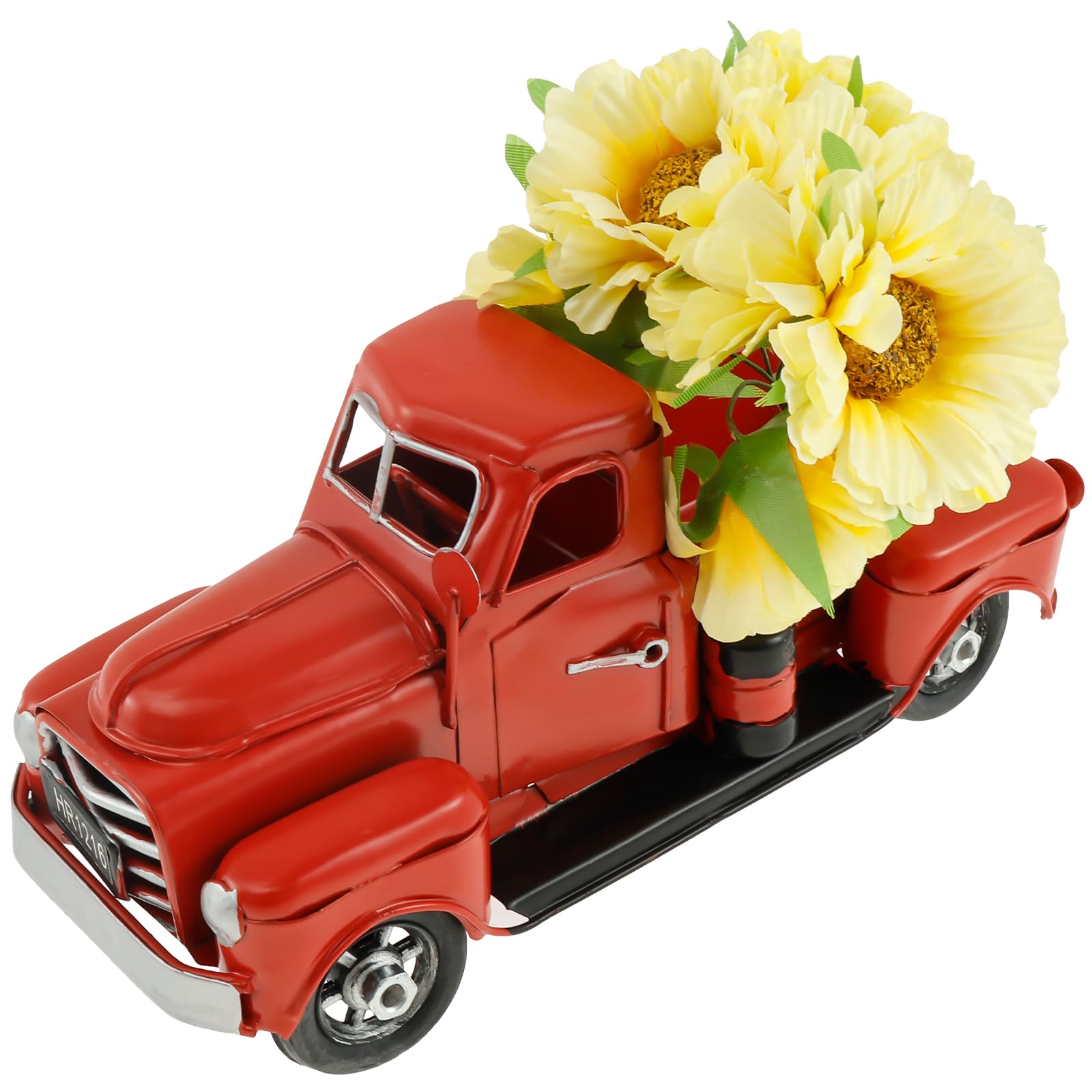 LYDODOKA Sunflower Metal Truck Decor, Red Mini Vintage Farm Pickup with Bunch of Sunflower, Farmhouse Tabletop Tiered Tray Decor, Mini Diecast Truck Decorations for Home, Kitchen, Mantel Shelf