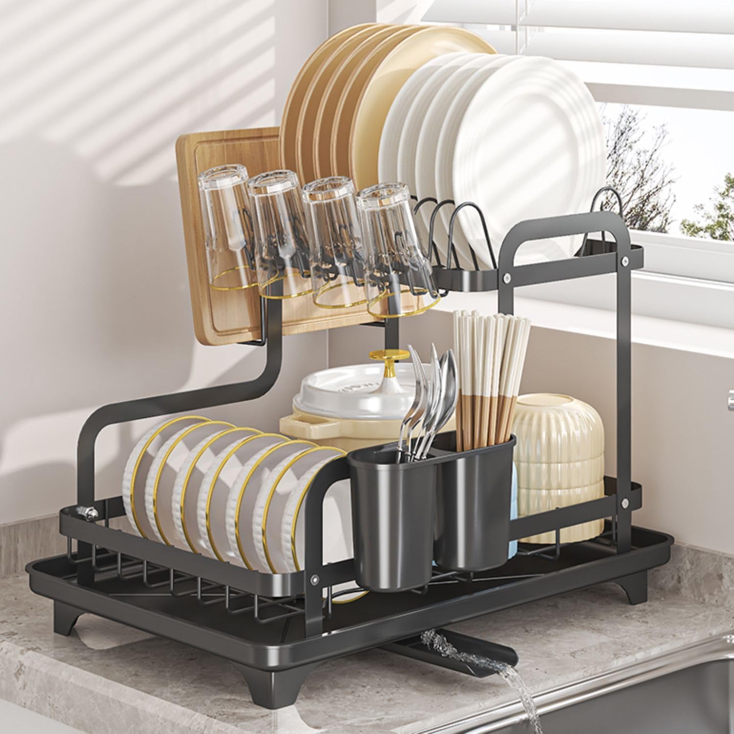 Dish Racks for Kitchen Counter, Dish Drying Rack, Over The Sink Drying Rack Kitchen, 2 Tier Dish Drainers with Drain Board Cup Holder and Utensil Holder (Black)