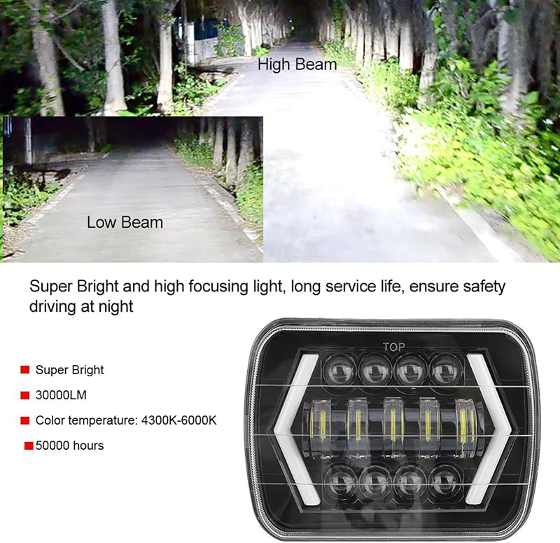 Akozon 300W LED Első Fényszóró - 7 Hüvelykes Négyzet Alakú Vízálló Autólámpa Cherokee XJ, MR2, Celica és 240SX Modellekhez