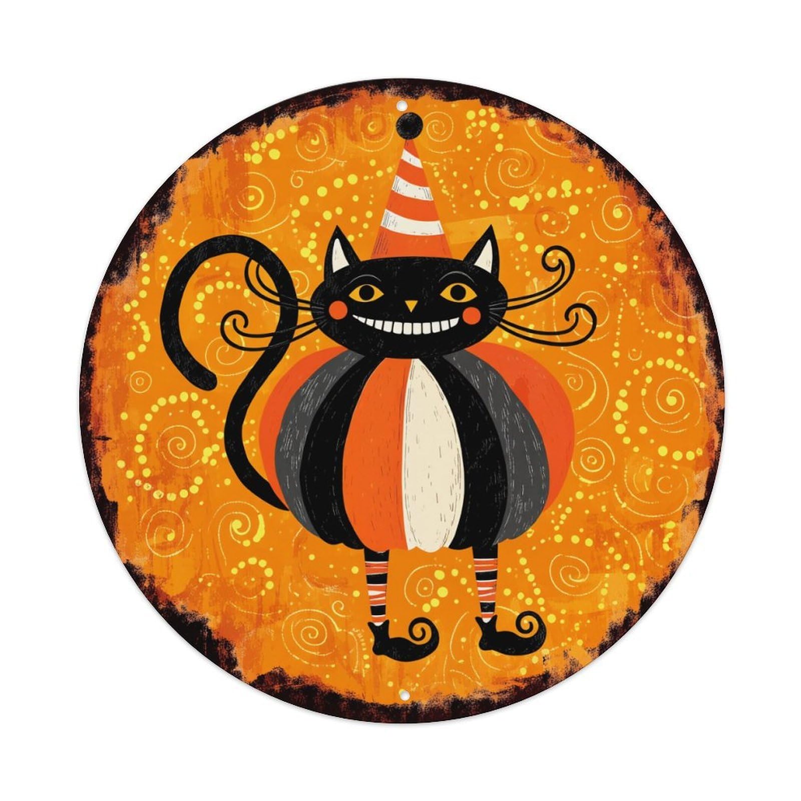 Whimsical Cat With Party Hat Round Tin Sign Retro Metal Sign for Cafe Bar Pub Home Game Room Gym Club Wall Decoration Vintage Metal Poster 8x8 Inch