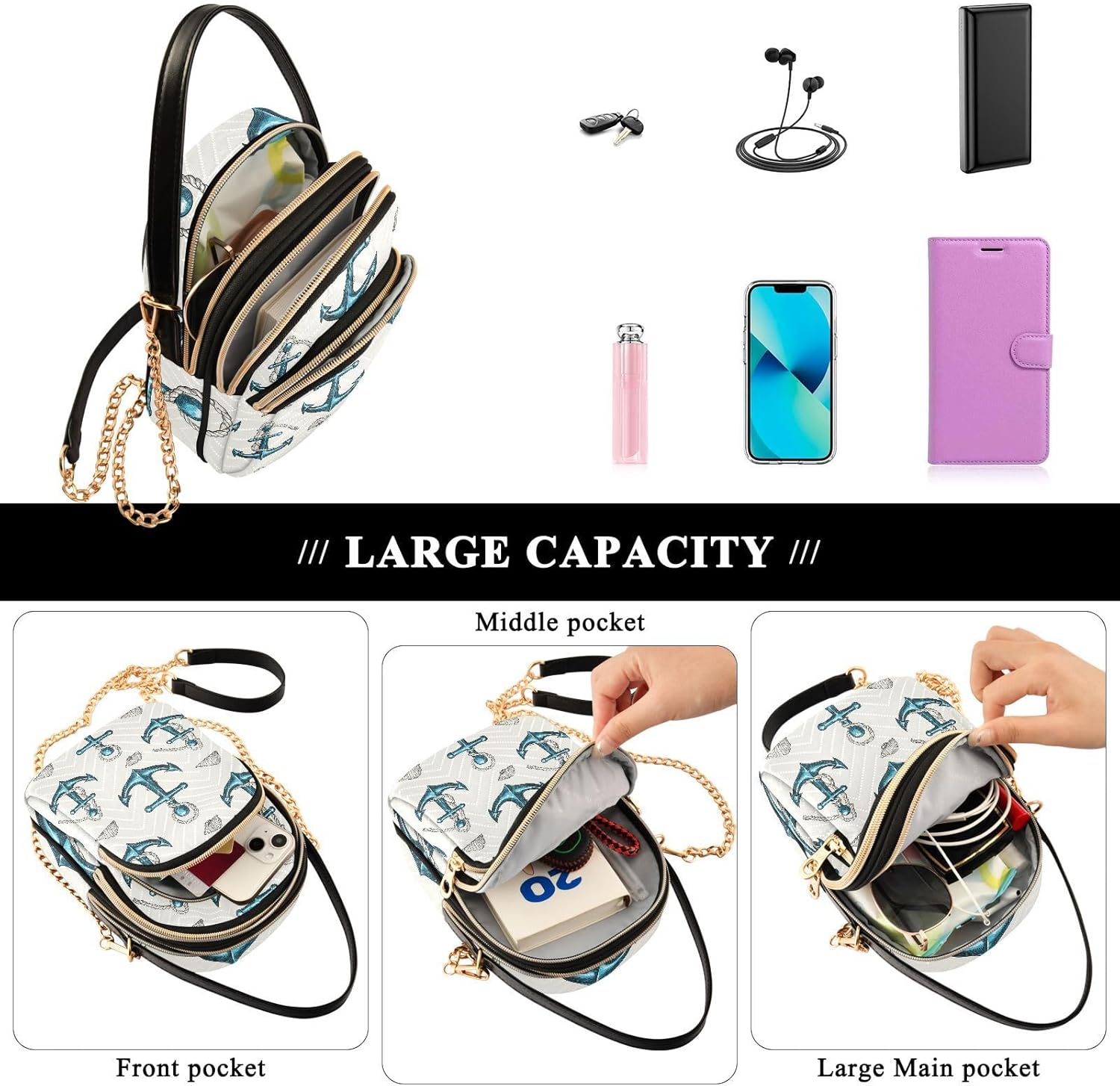Blue Anchor Shell Crossbody Bag for Women Shoulder Handbag Ladies Purse Cell Phone Tote Bags