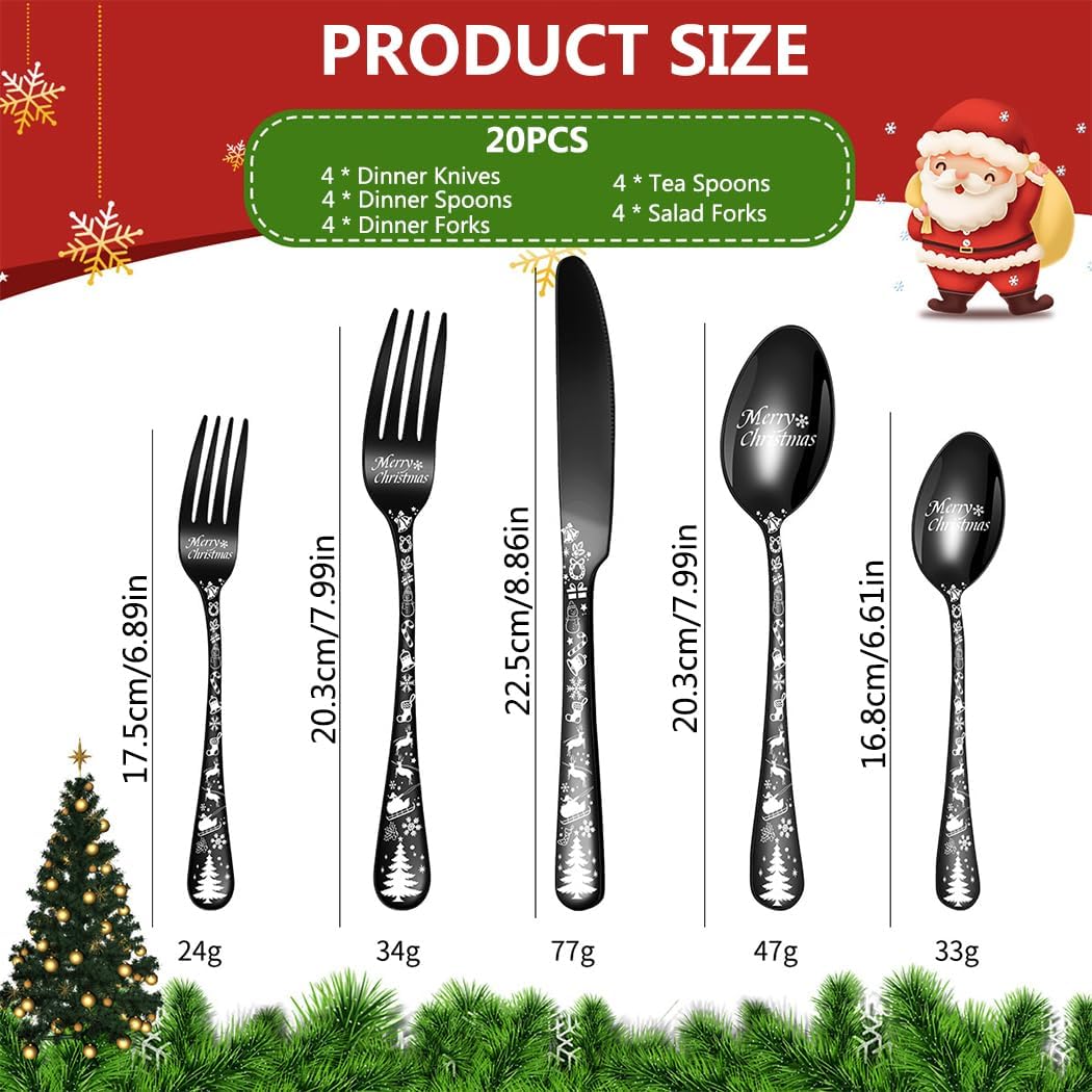 XIAOYU Christmas Silverware Set, 20 Piece Cutlery Set Includes Forks Knives and Spoons Service for 4, Unique Christmas Tree Pattern Design Flatware Tableware Set for Halloween Easter and Christmas