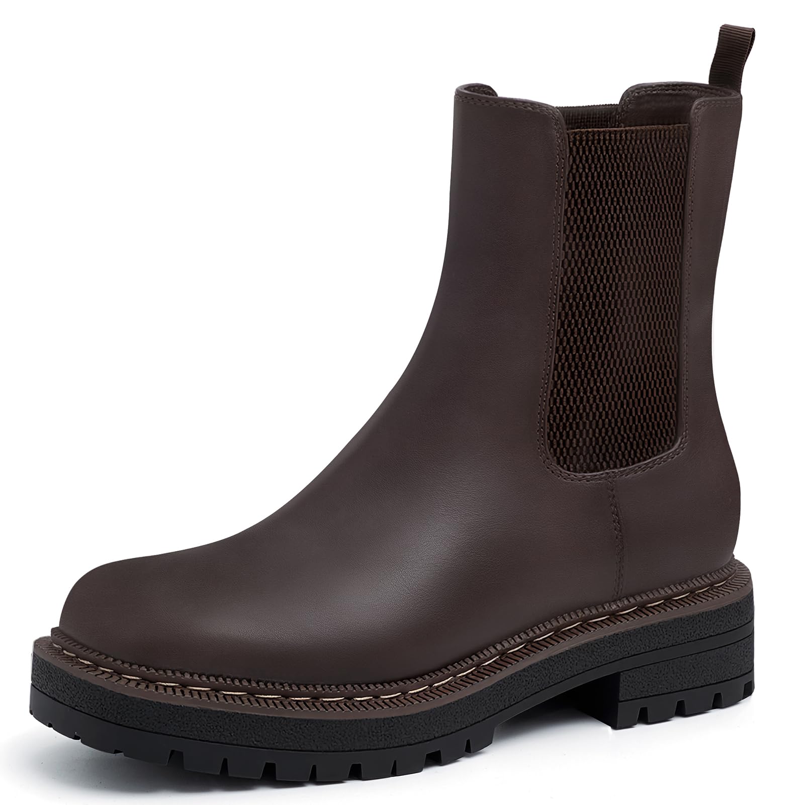Athlefit Womens Chelsea Ankle Boots Platform Slip On Chunky Heel Lug Sole Leather Booties