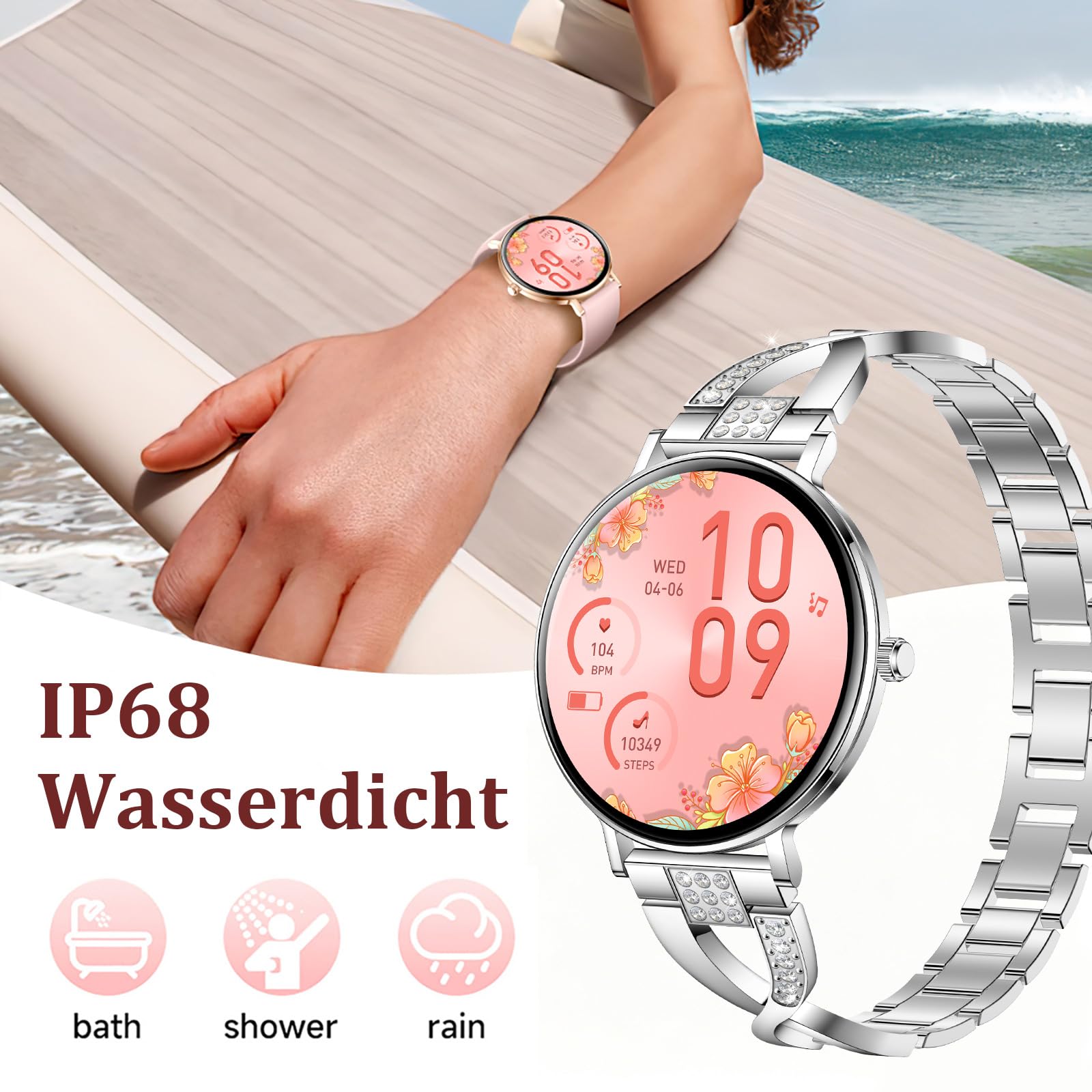 Reloj inteligente para mujer de 1,32 pulgadas, AMOLED, reloj inteligente, redondo, 7,5 mm, pantalla fina, reloj de pulsera de fitness, reloj con función de teléfono, pulsómetro, presión arterial