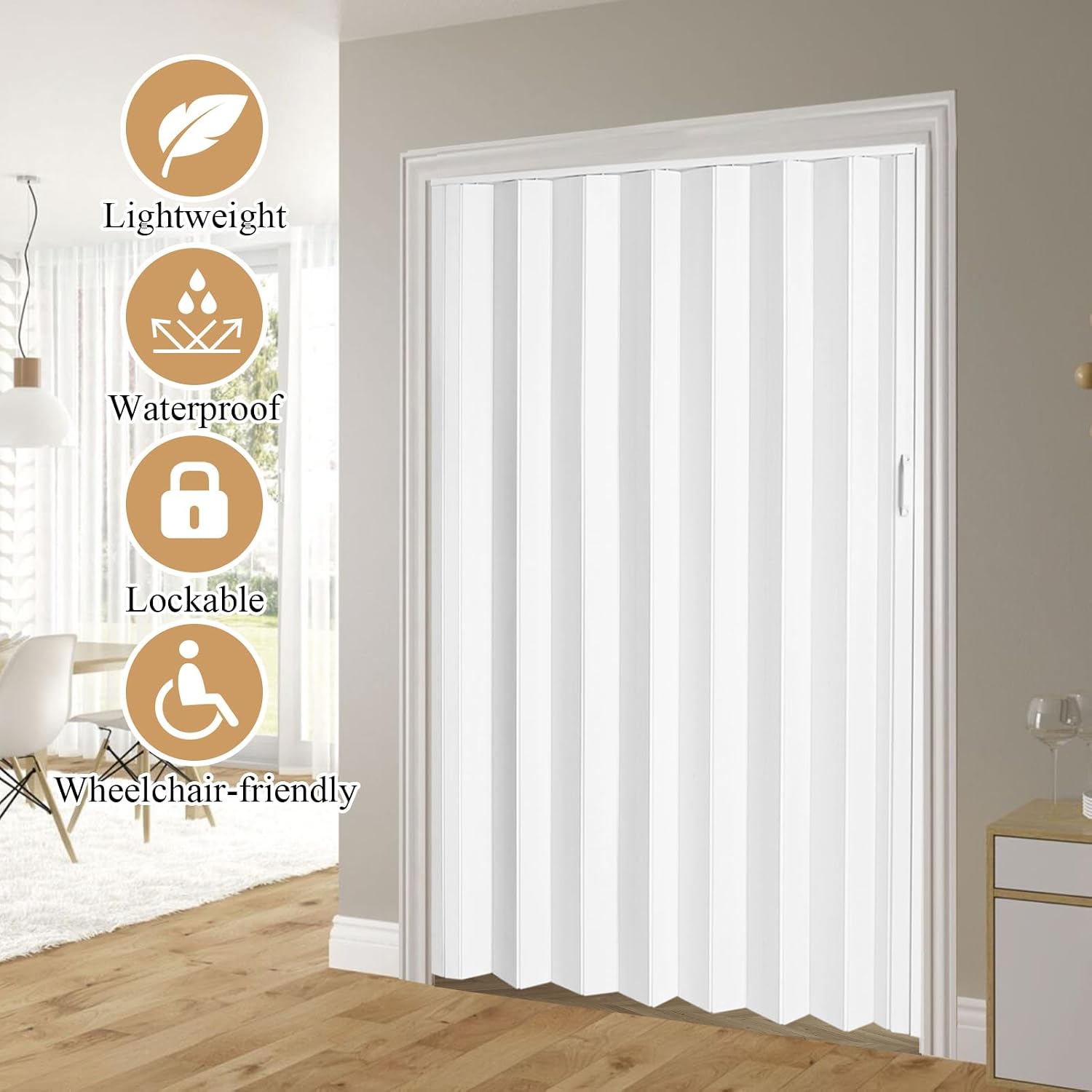 60x80in PVC Accordion Door Interior Folding Closet Doors Includes Installation Hardware Handle Lock for Study Room Bathroom Kitchen