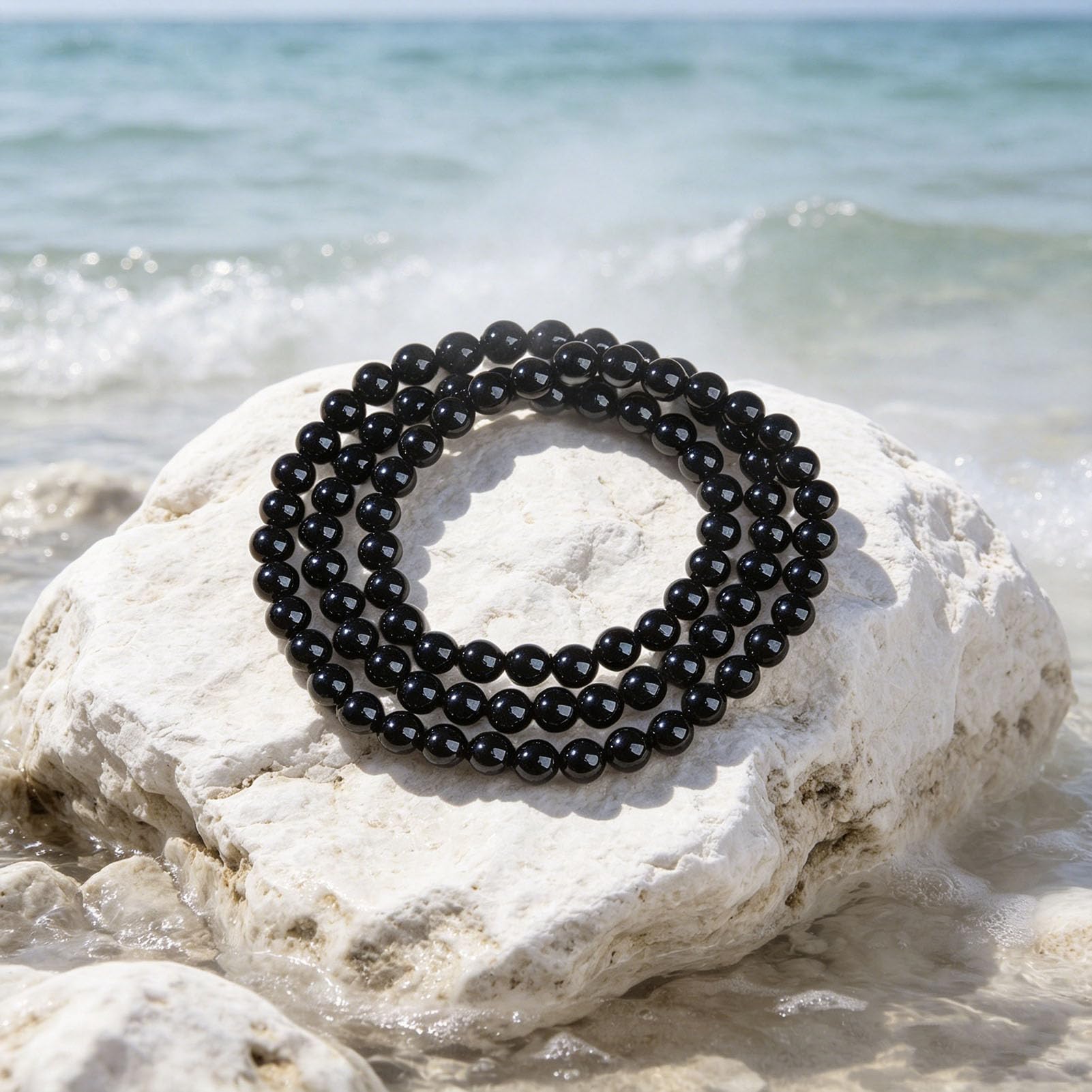Bracciale in Ossidiana Nera Naturale, Bracciale Elasticizzato in Vero Vetro vulcanico per la Messa a Terra di Protezione, Gioielli in Pietra Regolabili per Uomini e Donne,Nero,6MMB